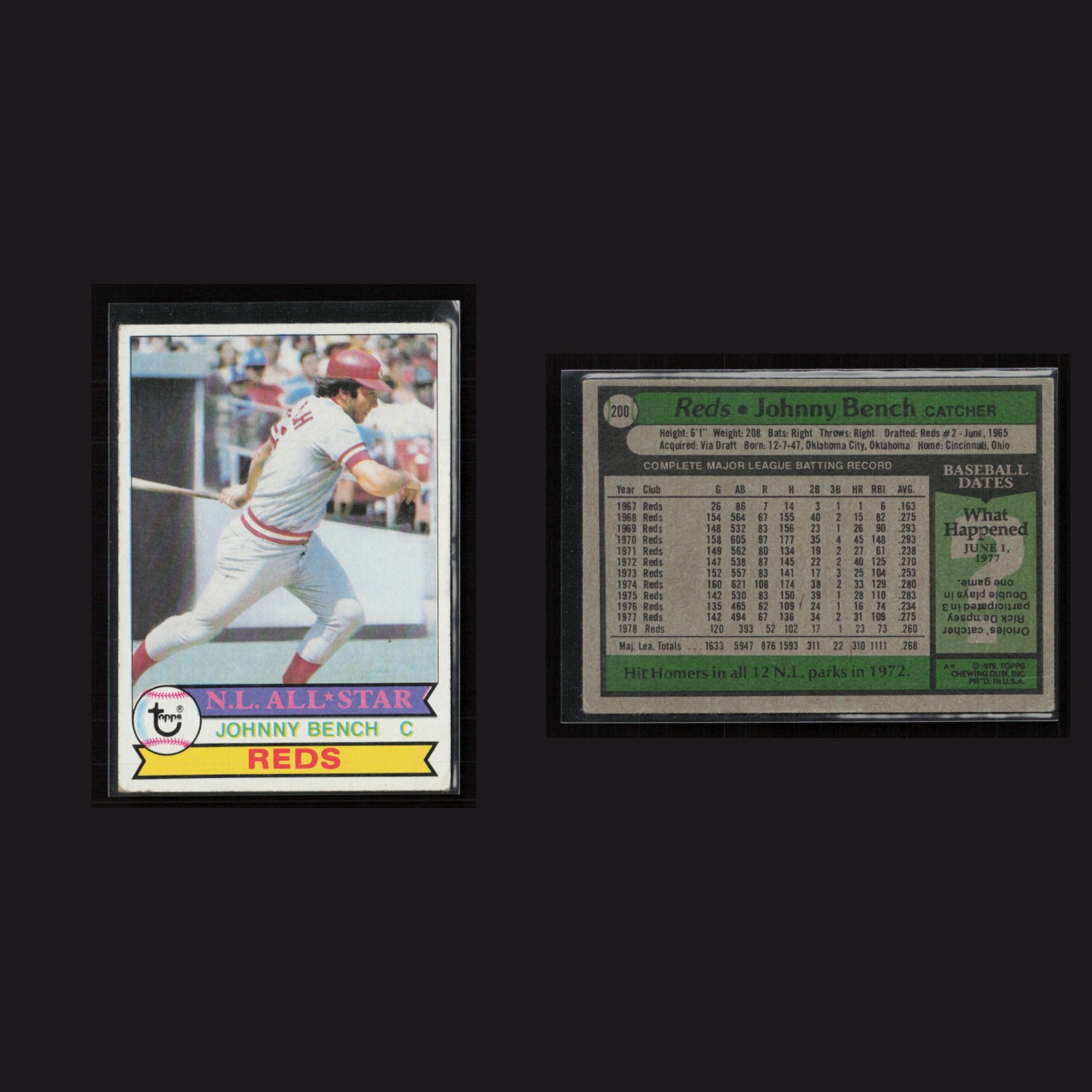 Johnny Bench #200 EX 1979 Topps Cincinnati Reds Vintage Baseball Card Set-Break front and back scans. Card condition is Near Mint.