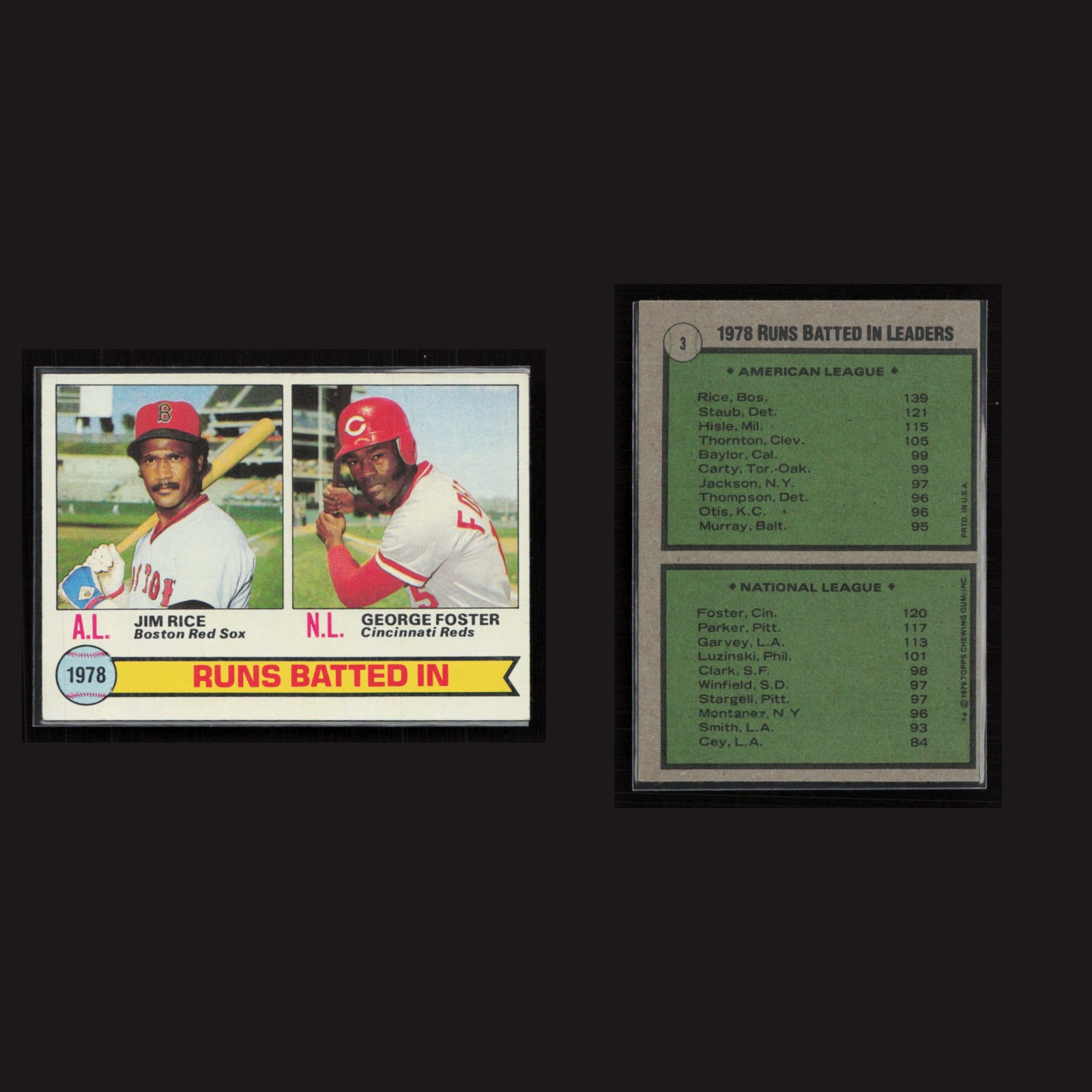 Jim Rice / George Foster #3 EX-EXMINT 1979 Topps Vintage Baseball Card Set-Break front and back scans. Card condition is Near Mint.