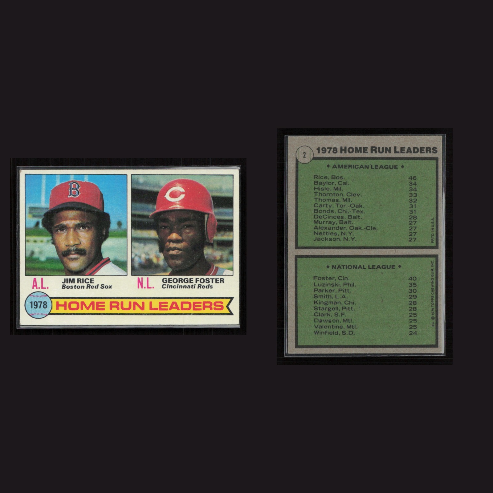 Jim Rice / George Foster #2 EX-EXMINT 1979 Topps Vintage Baseball Card Set-Break front and back scans. Card condition is Near Mint.