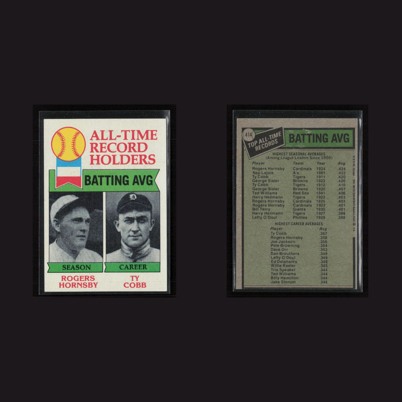 Rogers Hornsby / Ty Cobb #414 EX-EXMINT 1979 Topps Vintage Baseball Card MLB front and back scans. Card condition is Near Mint.