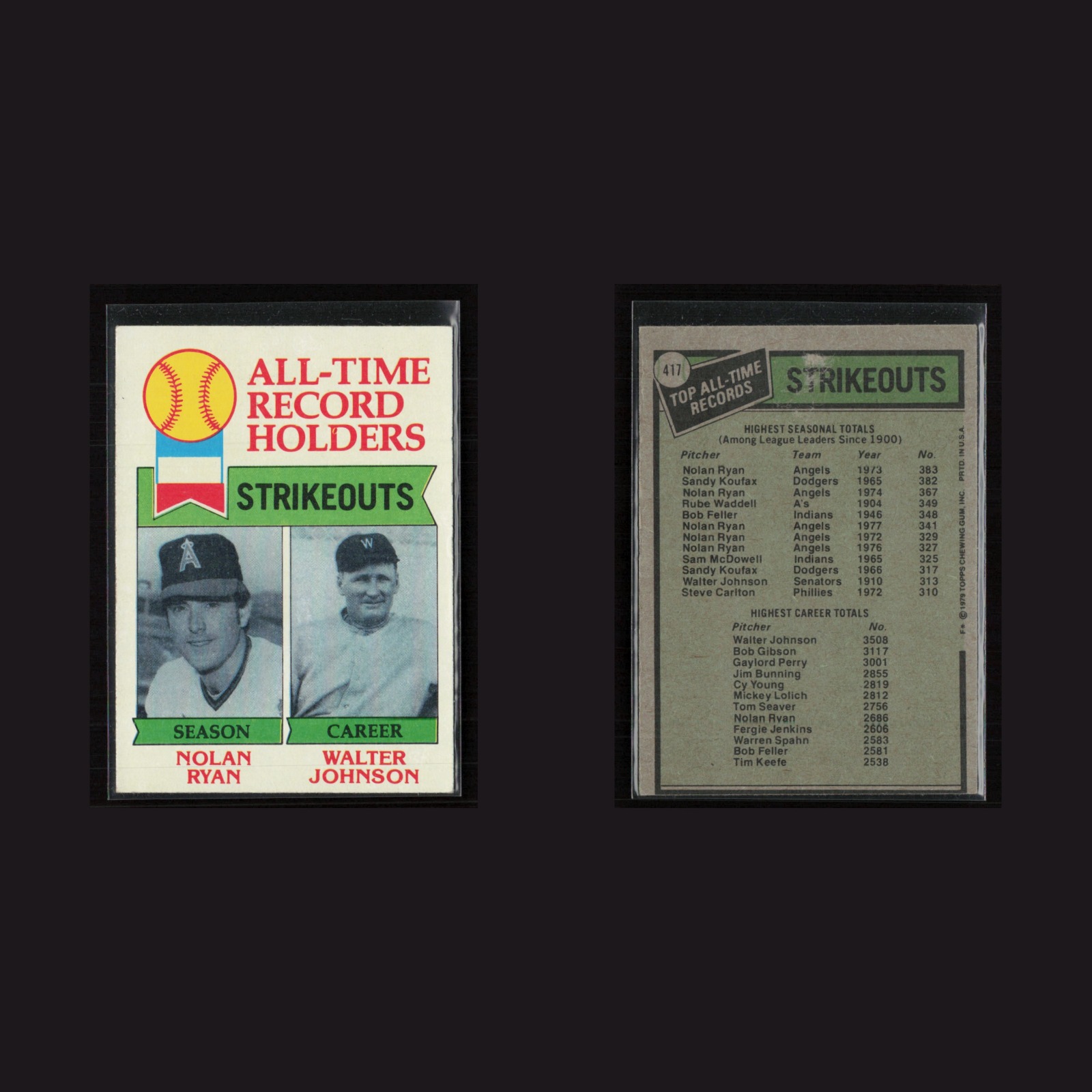 Nolan Ryan / Walter Johnson #417 EX-EXMINT 1979 Topps Vintage Baseball Card MLB front and back scans. Card condition is Near Mint.