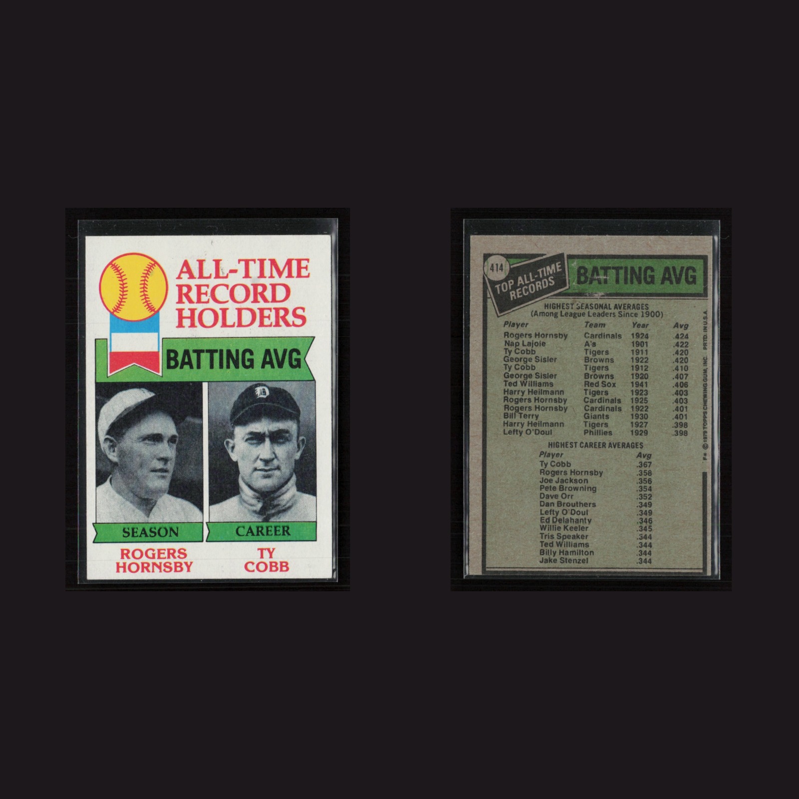 Rogers Hornsby / Ty Cobb #414 EX-EXMINT 1979 Topps Vintage Baseball Card MLB front and back scans. Card condition is Near Mint.