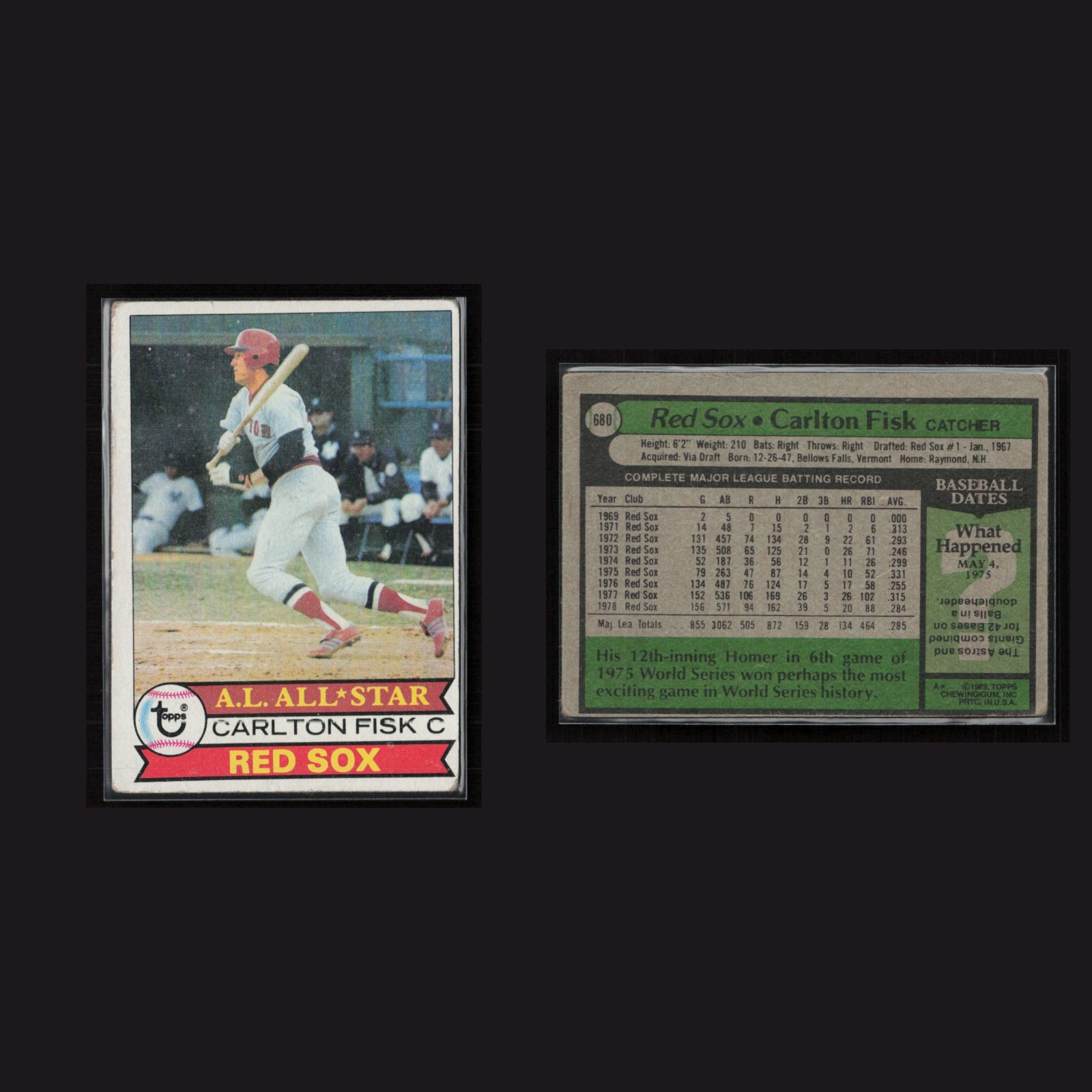 Carlton Fisk #680 EX-EXMINT 1979 Topps Boston Red Sox Vintage Baseball Card MLB front and back scans. Card condition is Near Mint.