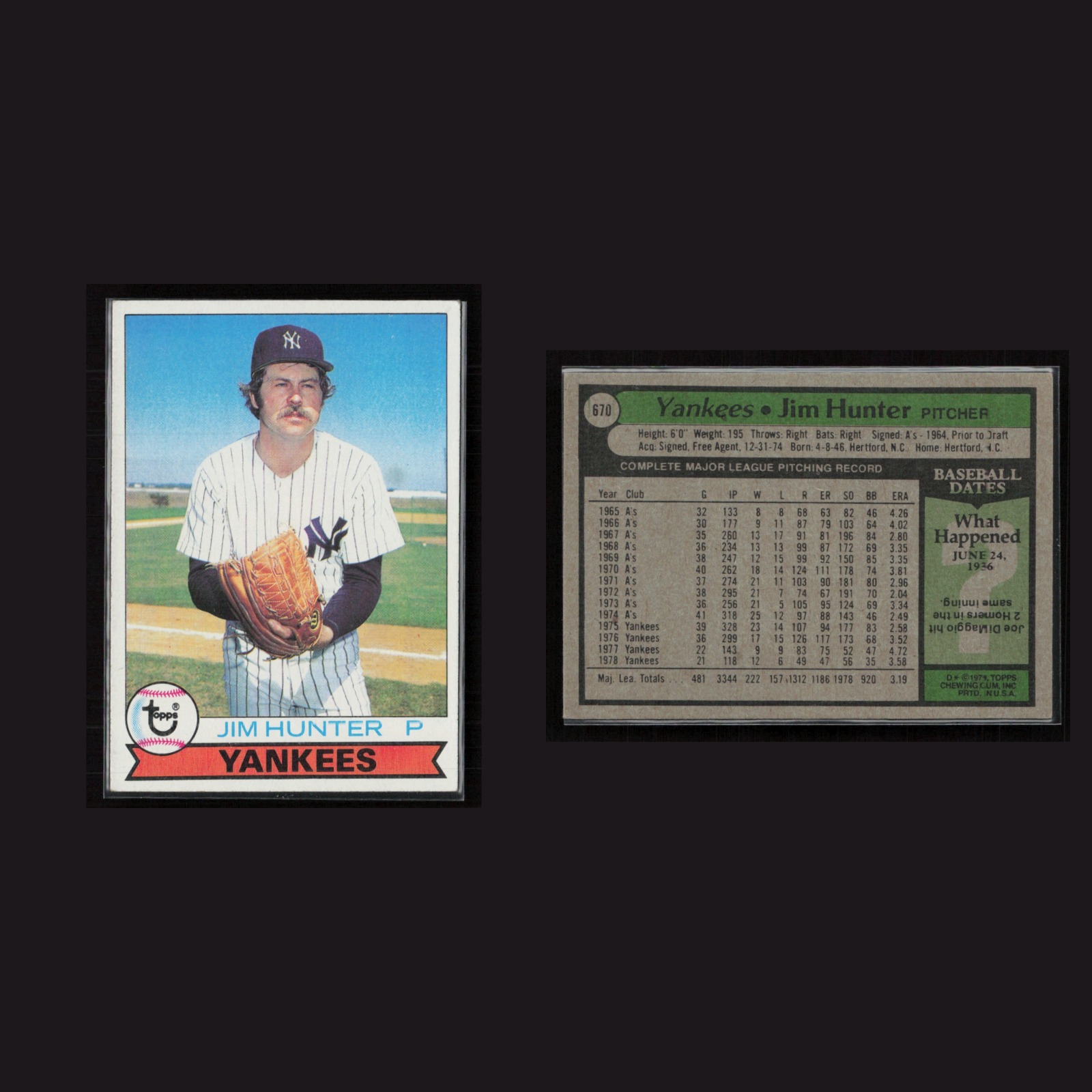 Jim Hunter #670 NM 1979 Topps New York Yankees Vintage Baseball Card Set-Break front and back scans. Card condition is Near Mint.