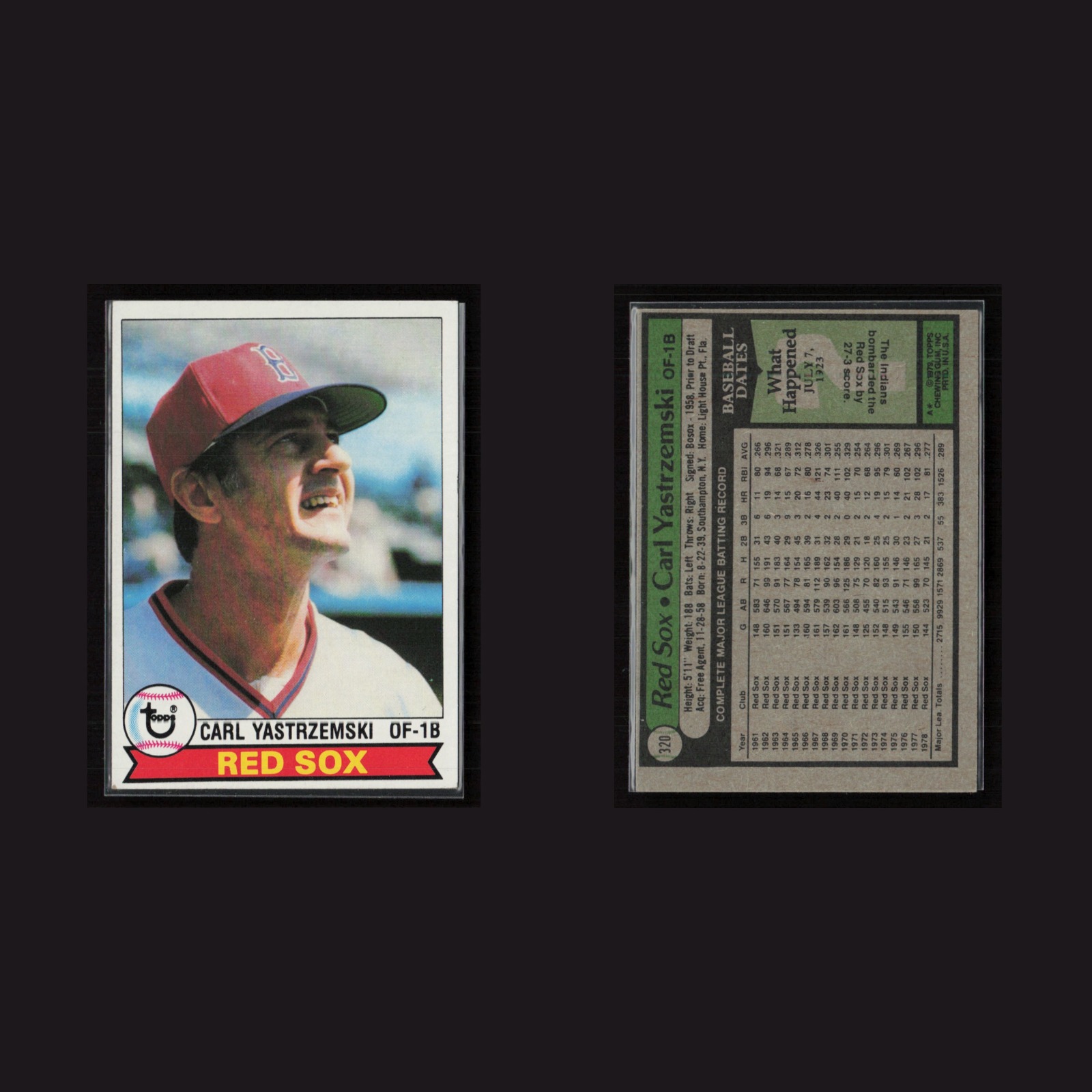 Carl Yastrzemski #320 EX-EXMINT 1979 Topps Boston Red Sox Vintage Baseball Card front and back scans. Card condition is Near Mint.