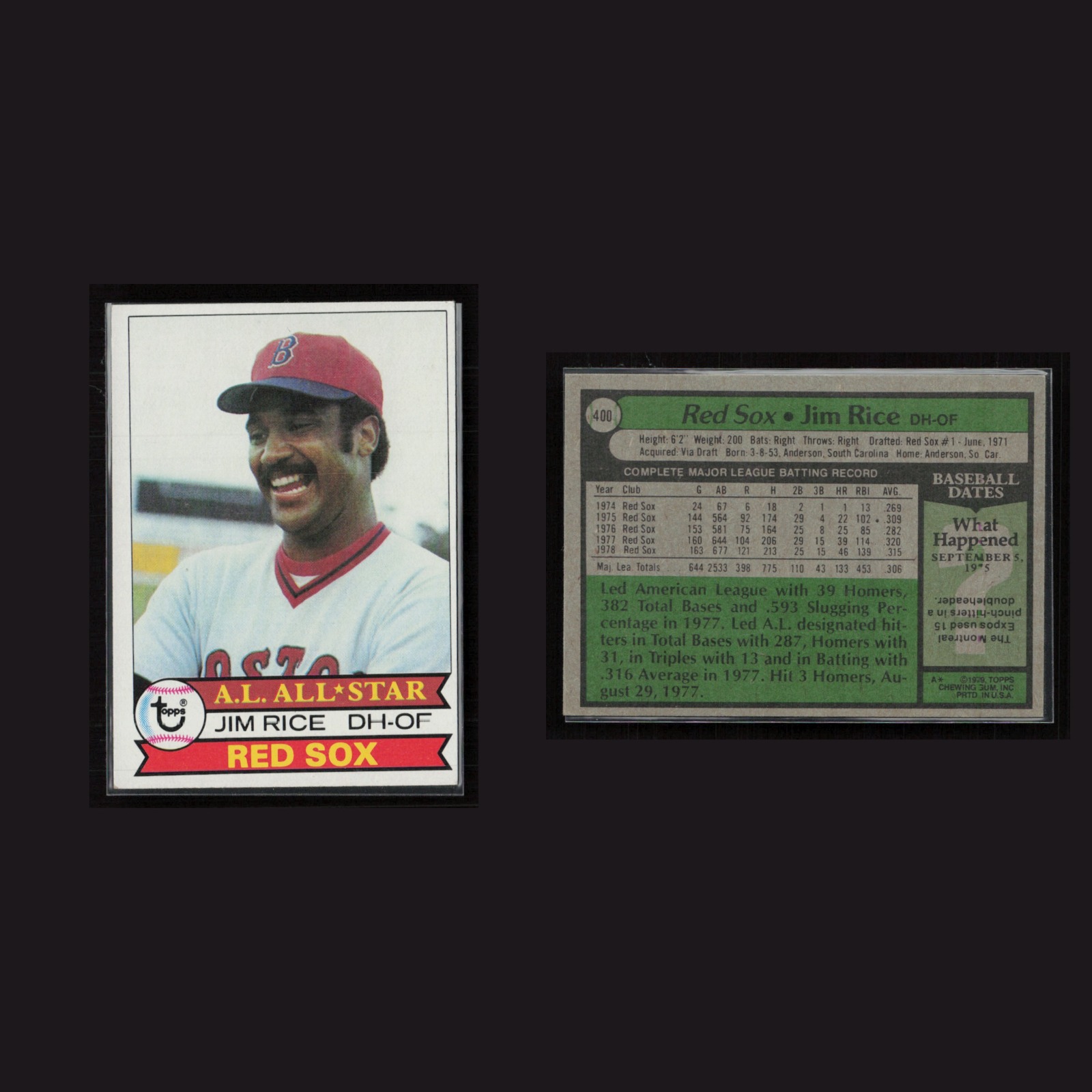 Jim Rice #400 EX-EXMINT 1979 Topps Boston Red Sox Vintage Baseball Card MLB front and back scans. Card condition is Near Mint.