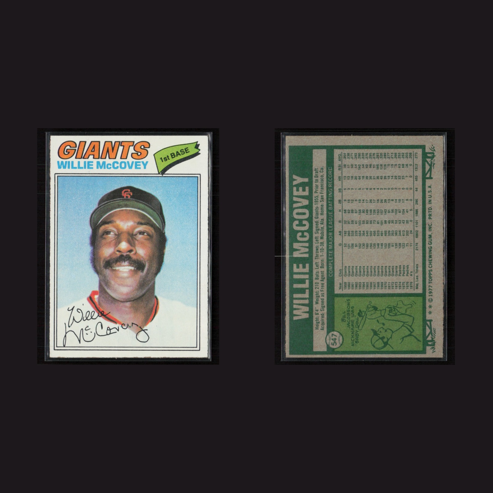 Willie McCovey #547 EX-EXMINT 1977 Topps San Francisco Giants Vintage Baseball front and back scans. Card condition is Near Mint.
