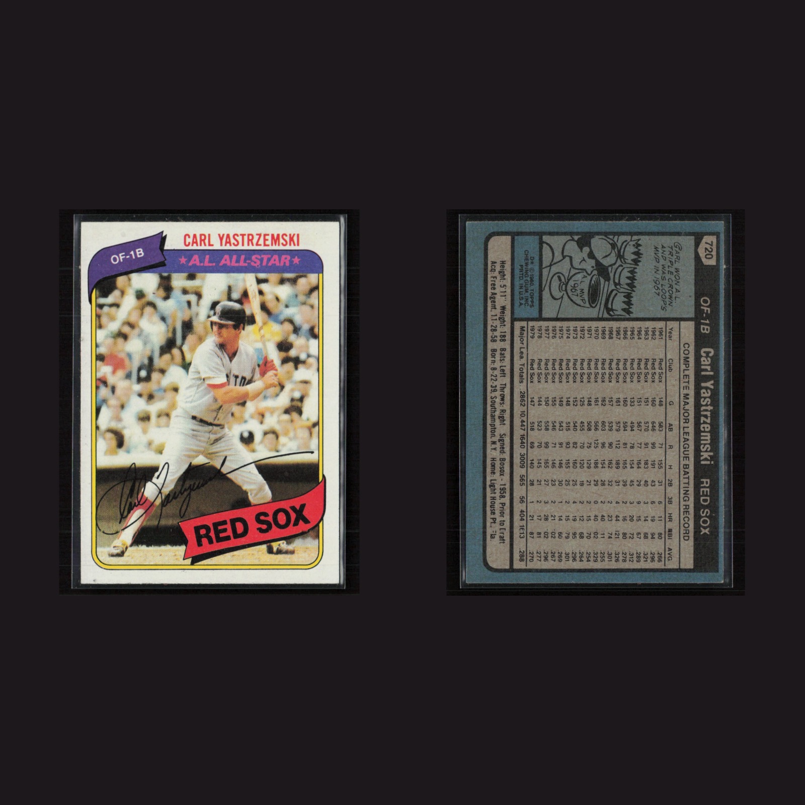 Carl Yastrzemski #720 NM 1980 Topps Boston Red Sox Baseball Card MLB front and back scans. Card condition is Near Mint.