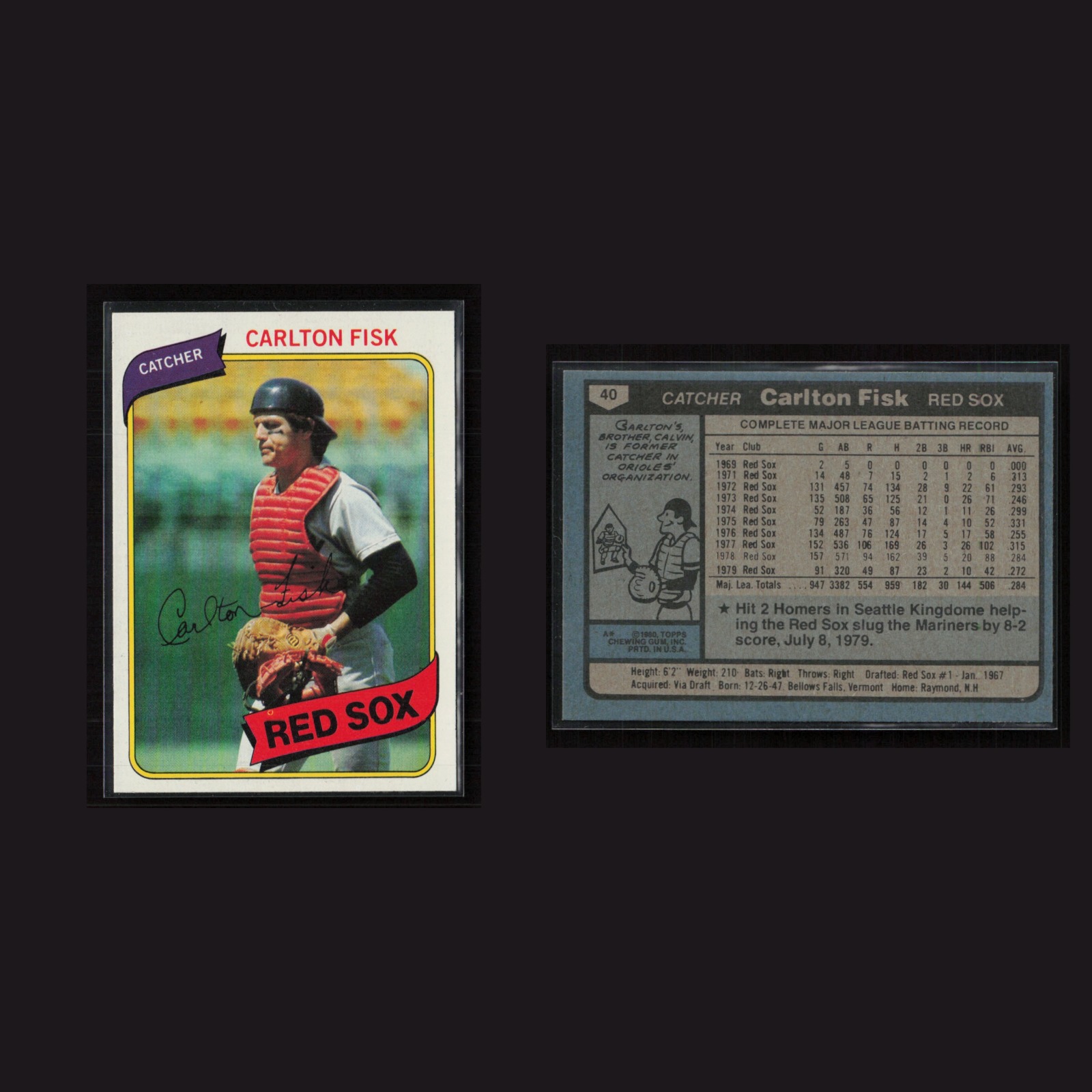 Carlton Fisk #40 NM 1980 Topps Boston Red Sox Baseball Card MLB front and back scans. Card condition is Near Mint.