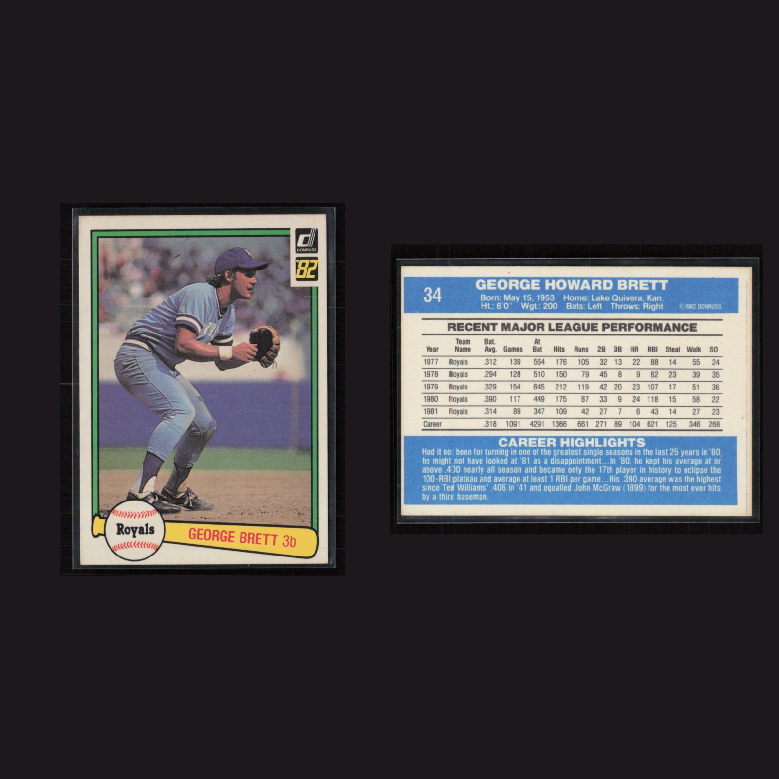 George Brett #34 EX-EXMINT 1982 Donruss Kansas City Royals Baseball Card MLB front and back scans. Card condition is Near Mint.