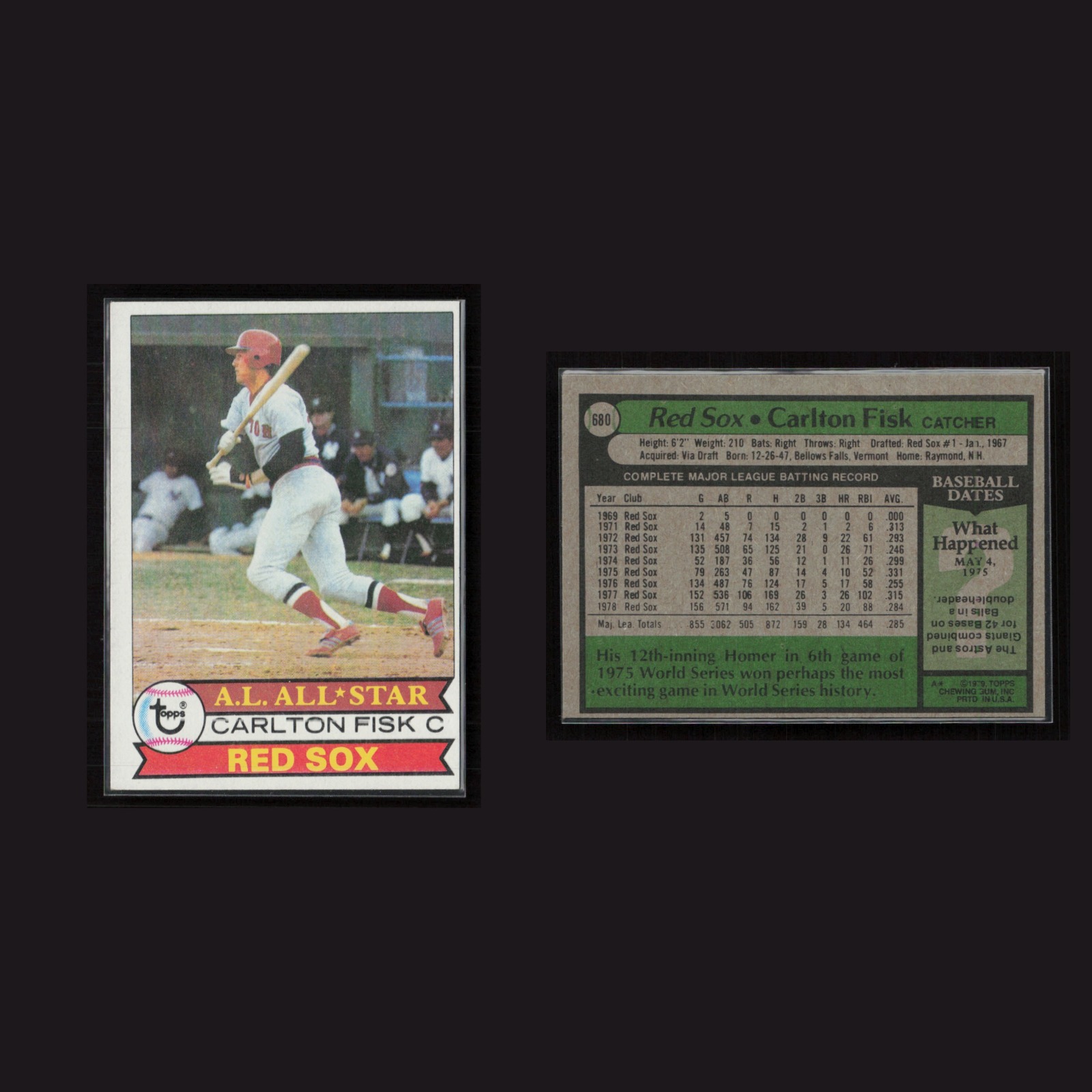 Carlton Fisk #680 EX 1979 Topps Boston Red Sox Vintage Baseball Card Set-Break front and back scans. Card condition is Near Mint.