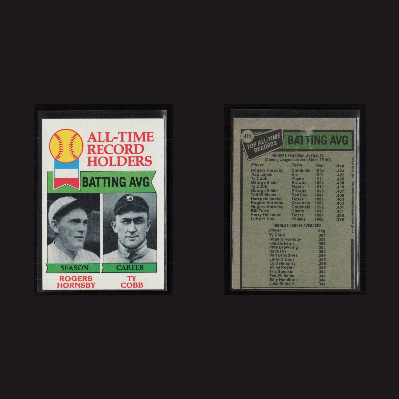 Rogers Hornsby / Ty Cobb #414 EX-EXMINT 1979 Topps Vintage Baseball Card MLB front and back scans. Card condition is Near Mint.