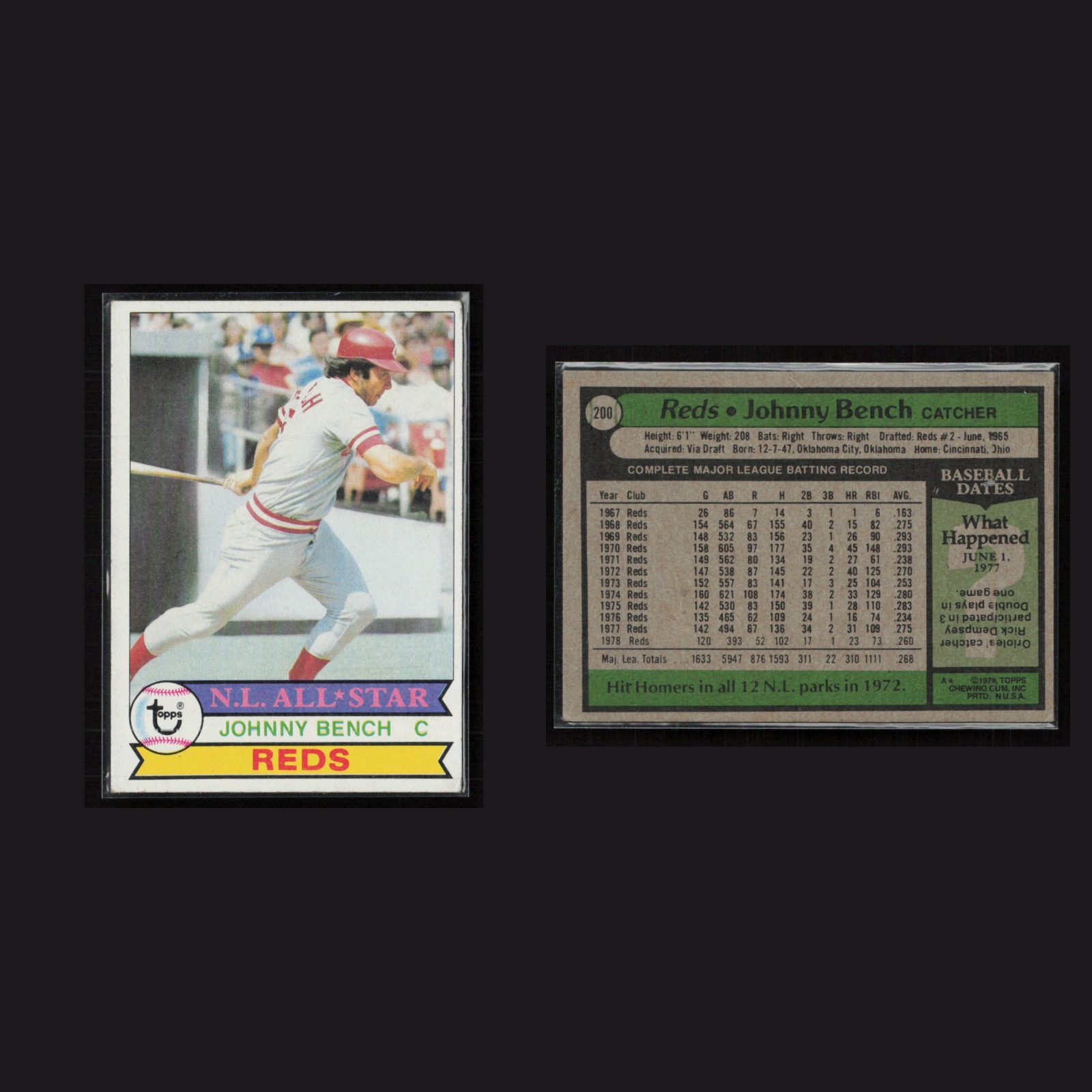 Johnny Bench #200 EX 1979 Topps Cincinnati Reds Vintage Baseball Card Set-Break front and back scans. Card condition is Near Mint.