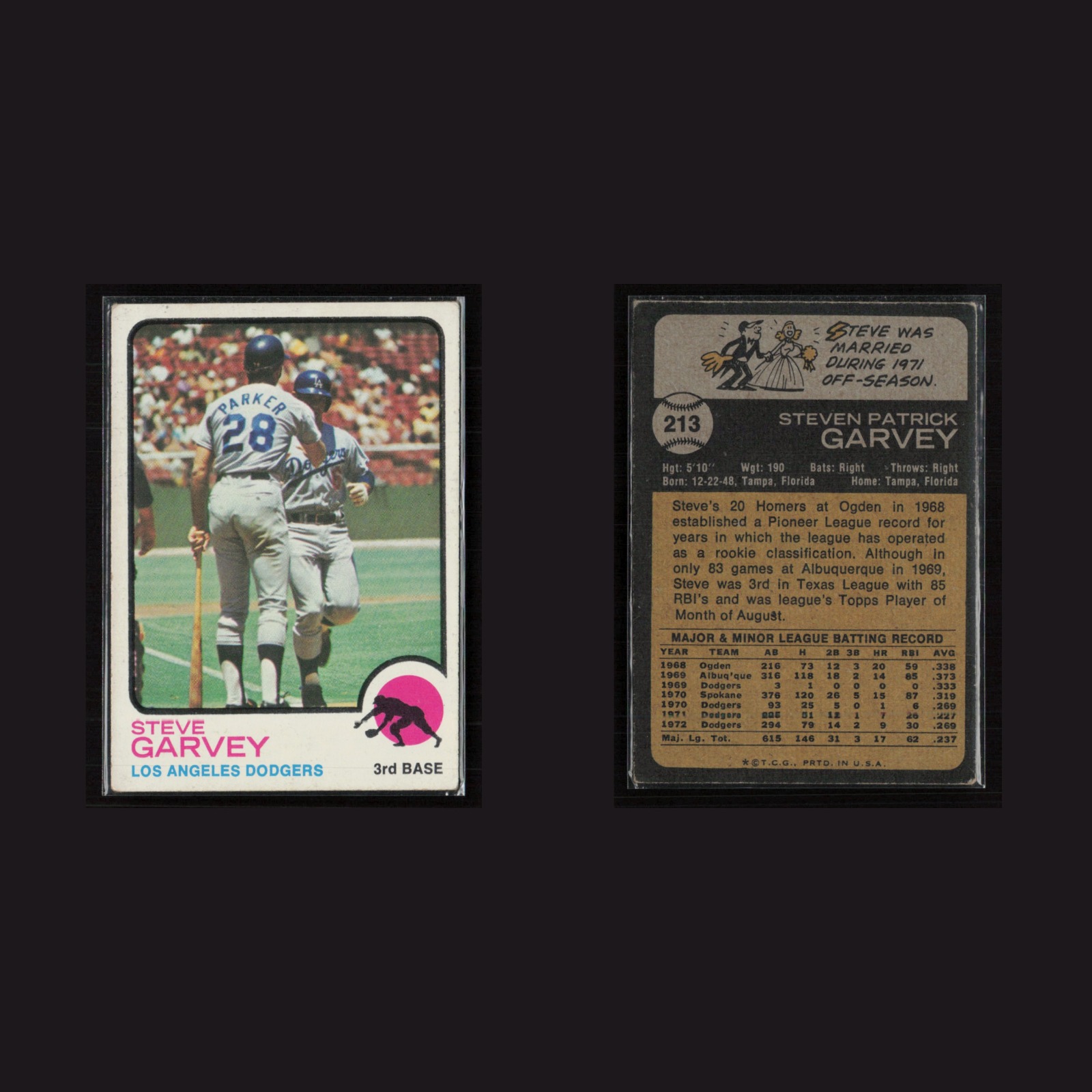Steve Garvey #213 EX 1973 Topps Los Angeles Dodgers Vintage Baseball Card MLB front and back scans. Card condition is Near Mint.