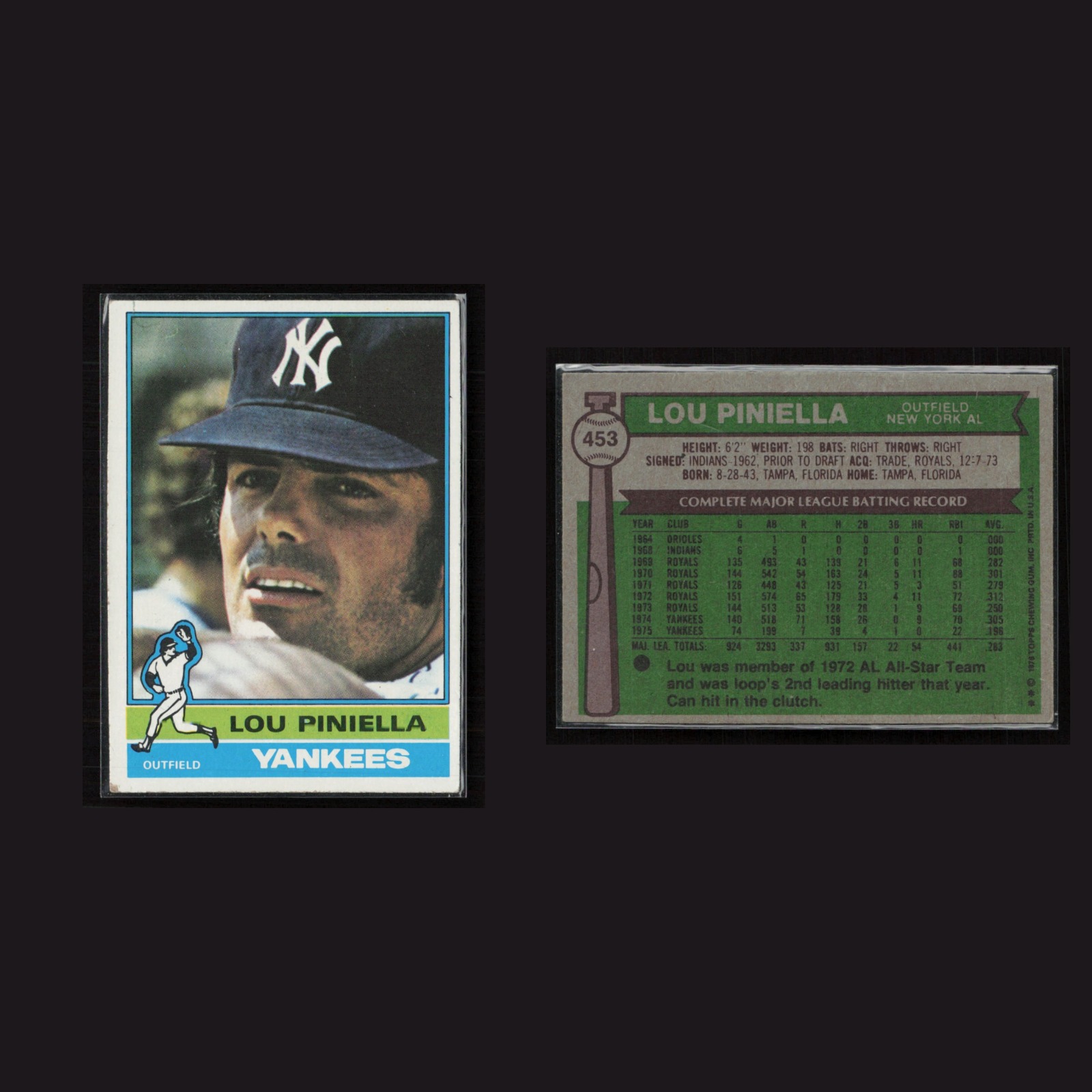 Lou Piniella #453 EX 1976 Topps New York Yankees Vintage Baseball Card Set-Break front and back scans. Card condition is Near Mint.