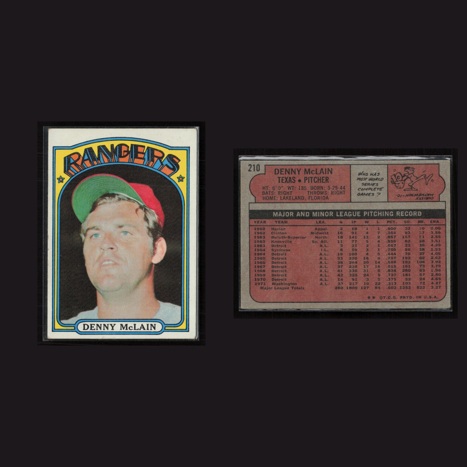 Denny McLain #210 EX 1972 Topps Texas Rangers Vintage Baseball Card Set-Break front and back scans. Card condition is Near Mint.