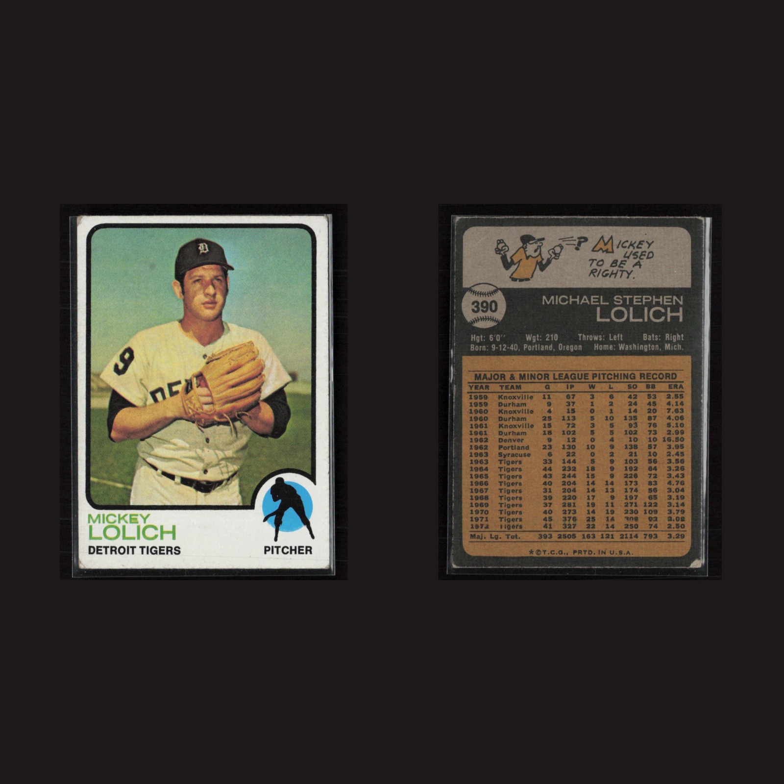 Mickey Lolich #390 EX-EXMINT 1973 Topps Detroit Tigers Vintage Baseball Card MLB front and back scans. Card condition is Near Mint.