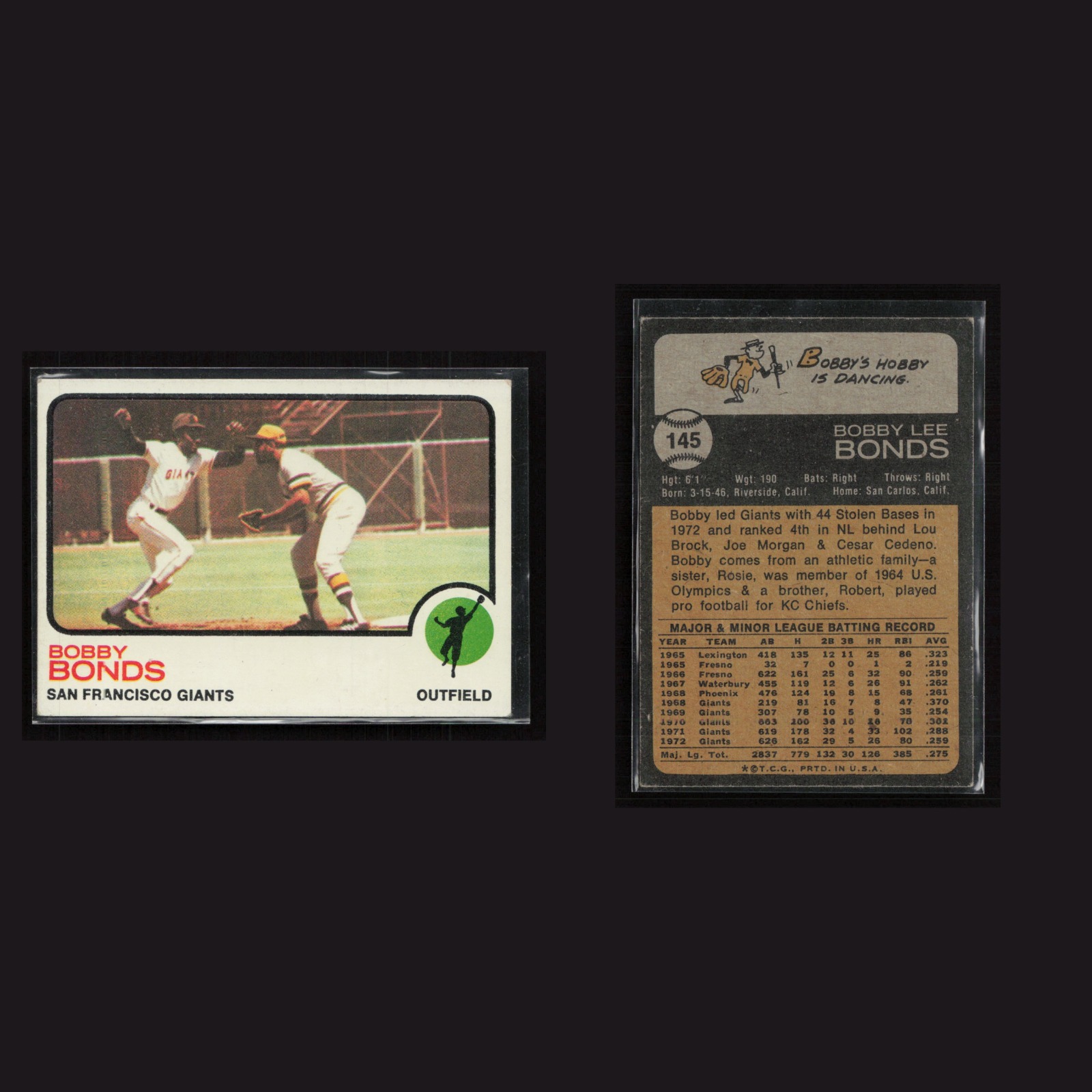 Bobby Bonds #145 EX-EXMINT 1973 Topps San Francisco Giants Vintage Baseball Card front and back scans. Card condition is Near Mint.