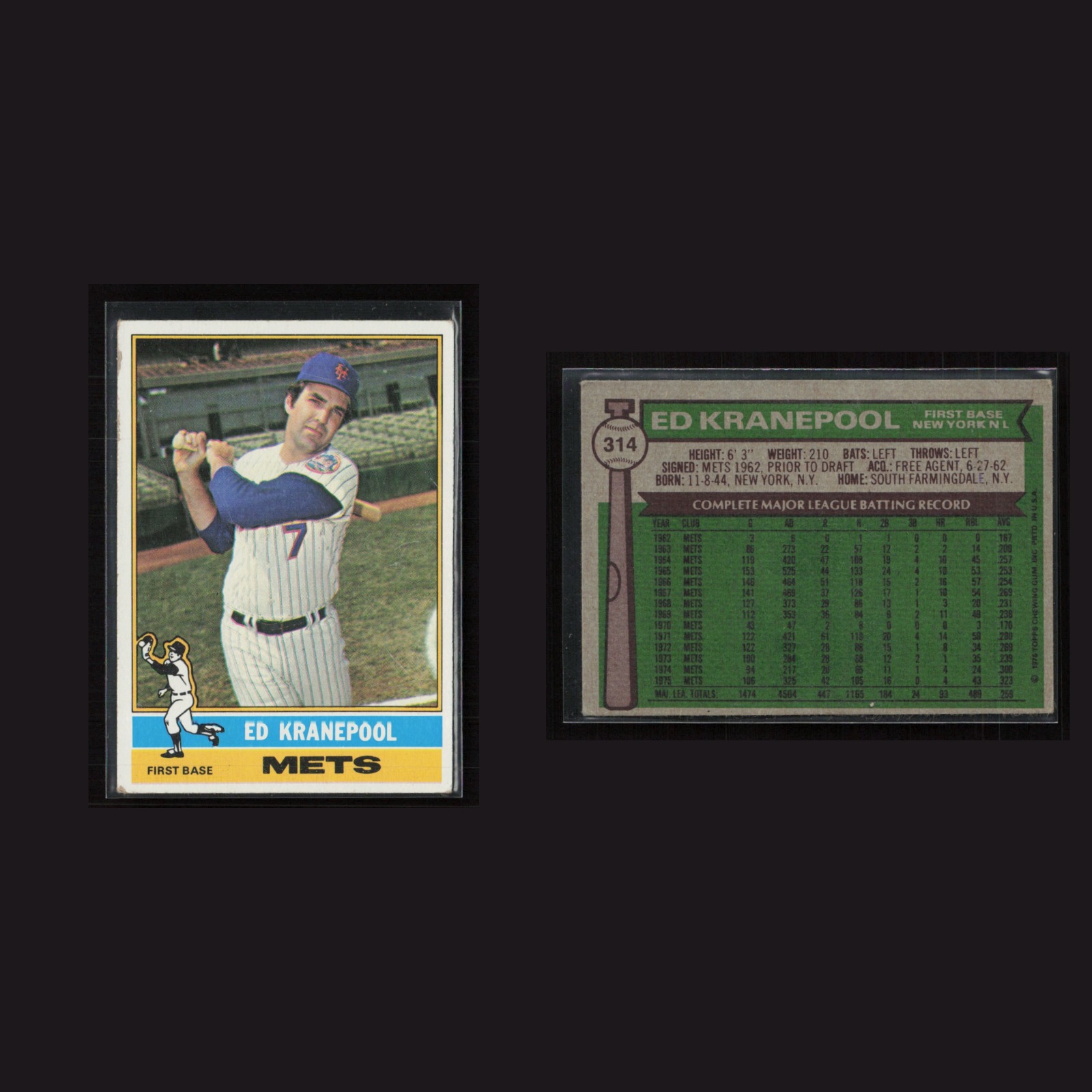 Ed Kranepool #314 EX 1976 Topps New York Mets Vintage Baseball Card Set-Break front and back scans. Card condition is Near Mint.