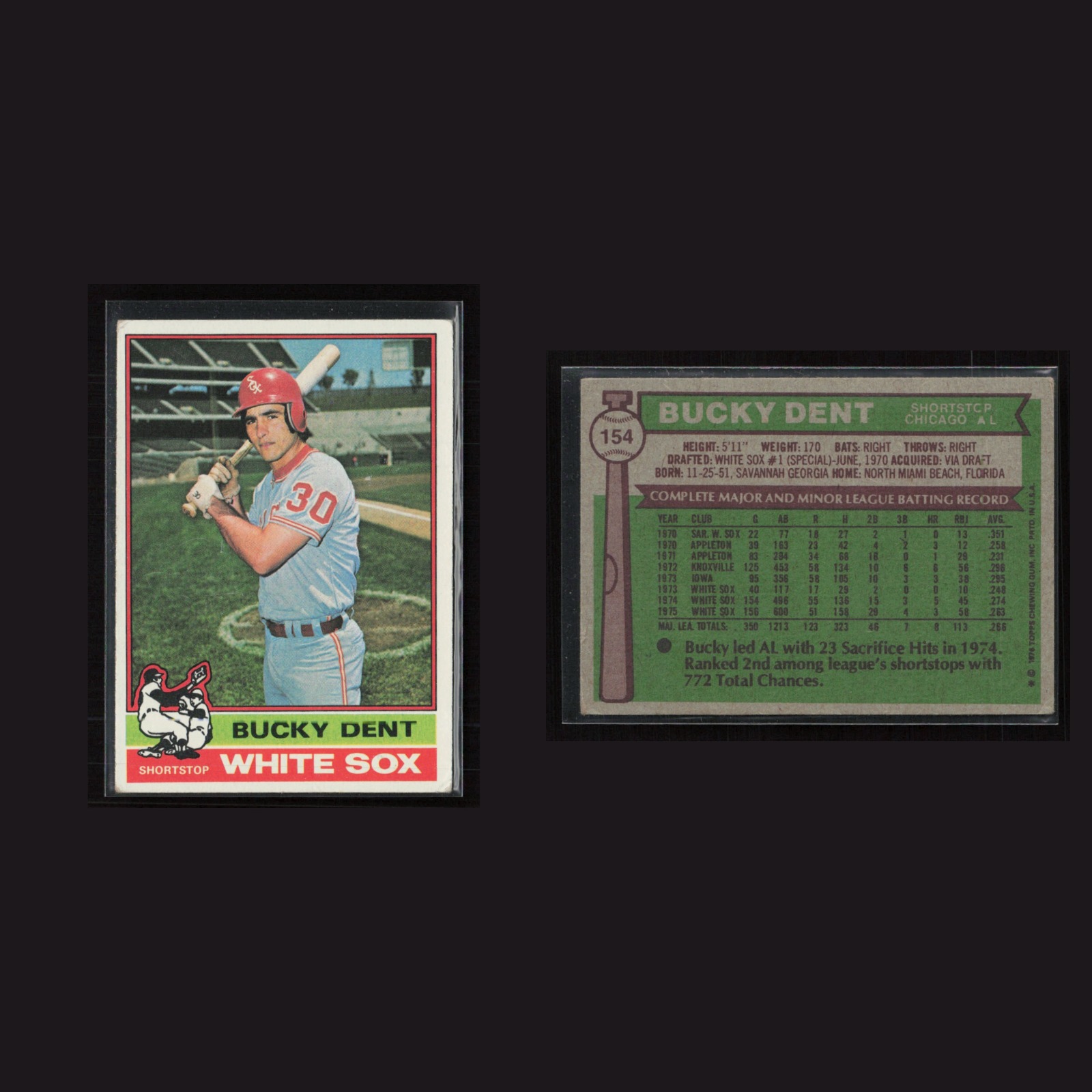 Bucky Dent #154 EX 1976 Topps Chicago White Sox Vintage Baseball Card Set-Break front and back scans. Card condition is Near Mint.