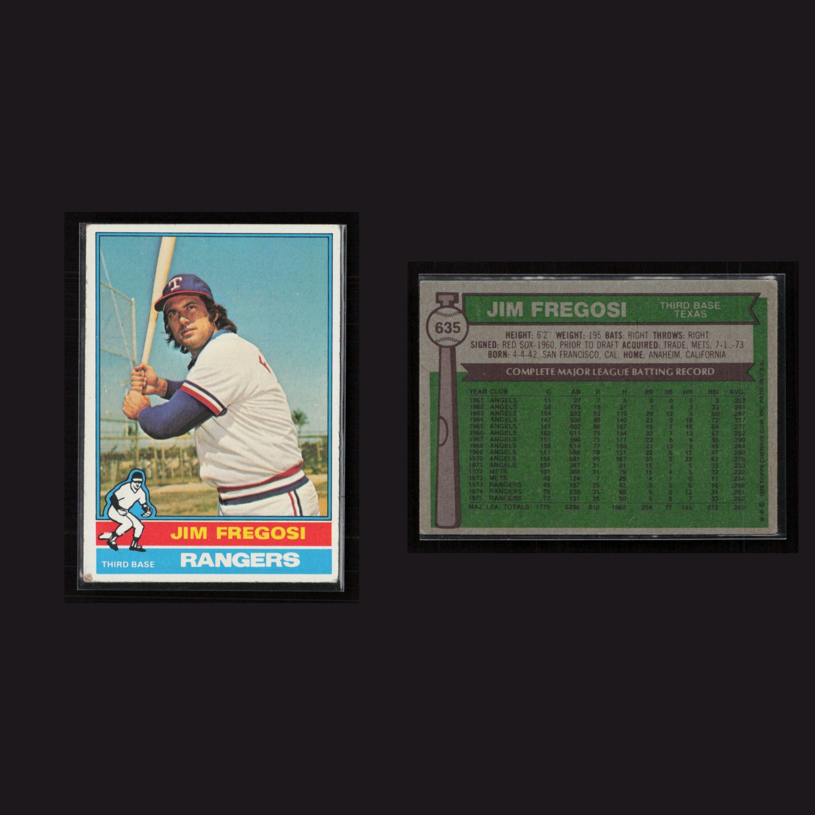 Jim Fregosi #635 VG-EX 1976 Topps Texas Rangers Vintage Baseball Card Set-Break front and back scans. Card condition is Near Mint.