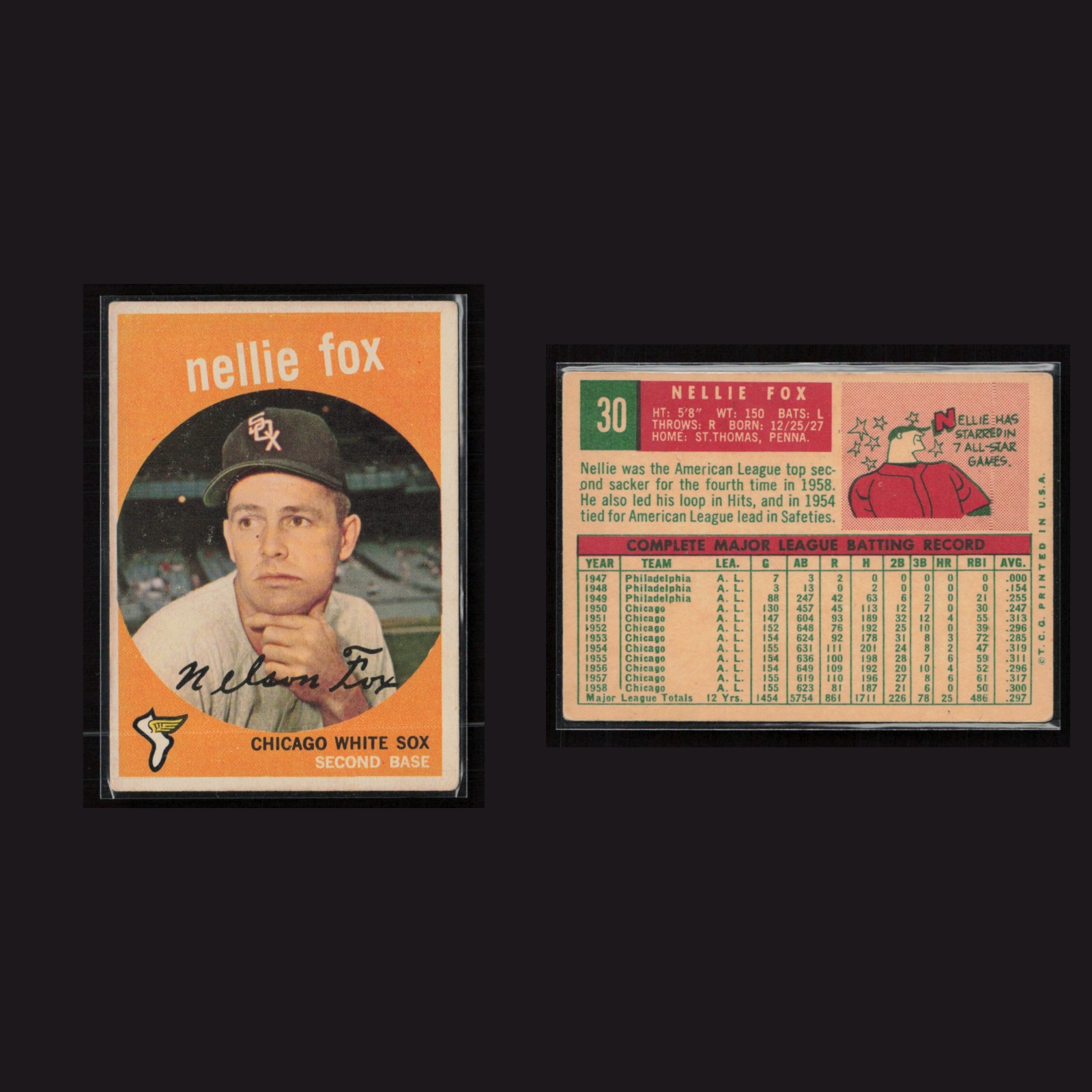 1959 Nellie Fox #30 EX Topps Chicago White Sox Vintage Baseball Card Set-Break front and back scans. Card condition is Near Mint.