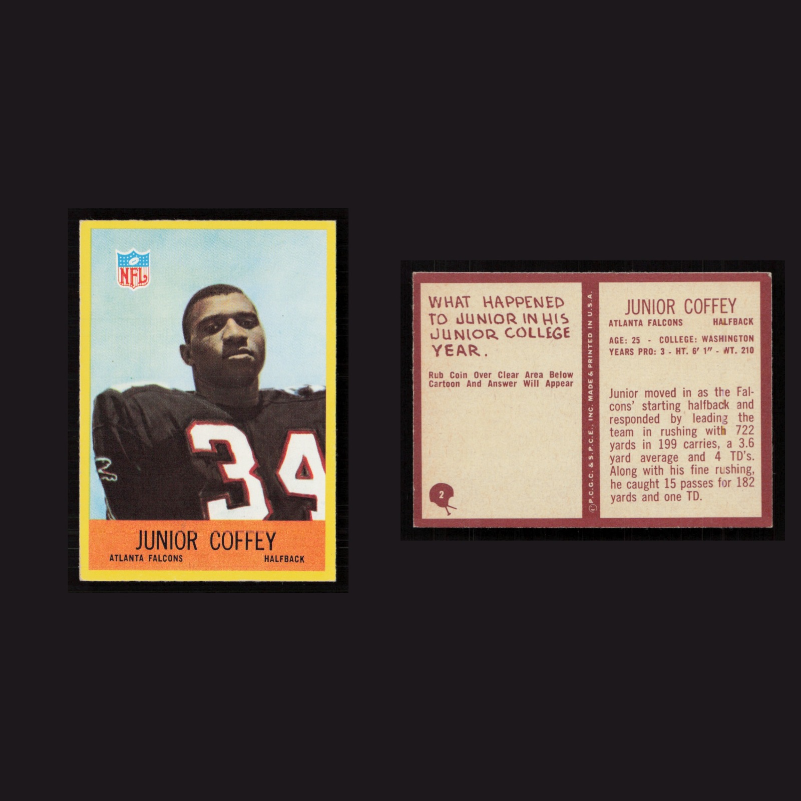 1967 Junior Coffey #2 NM Philadelphia Atlanta Falcons Vintage Football Card NFL front and back scans. Card condition is Near Mint.