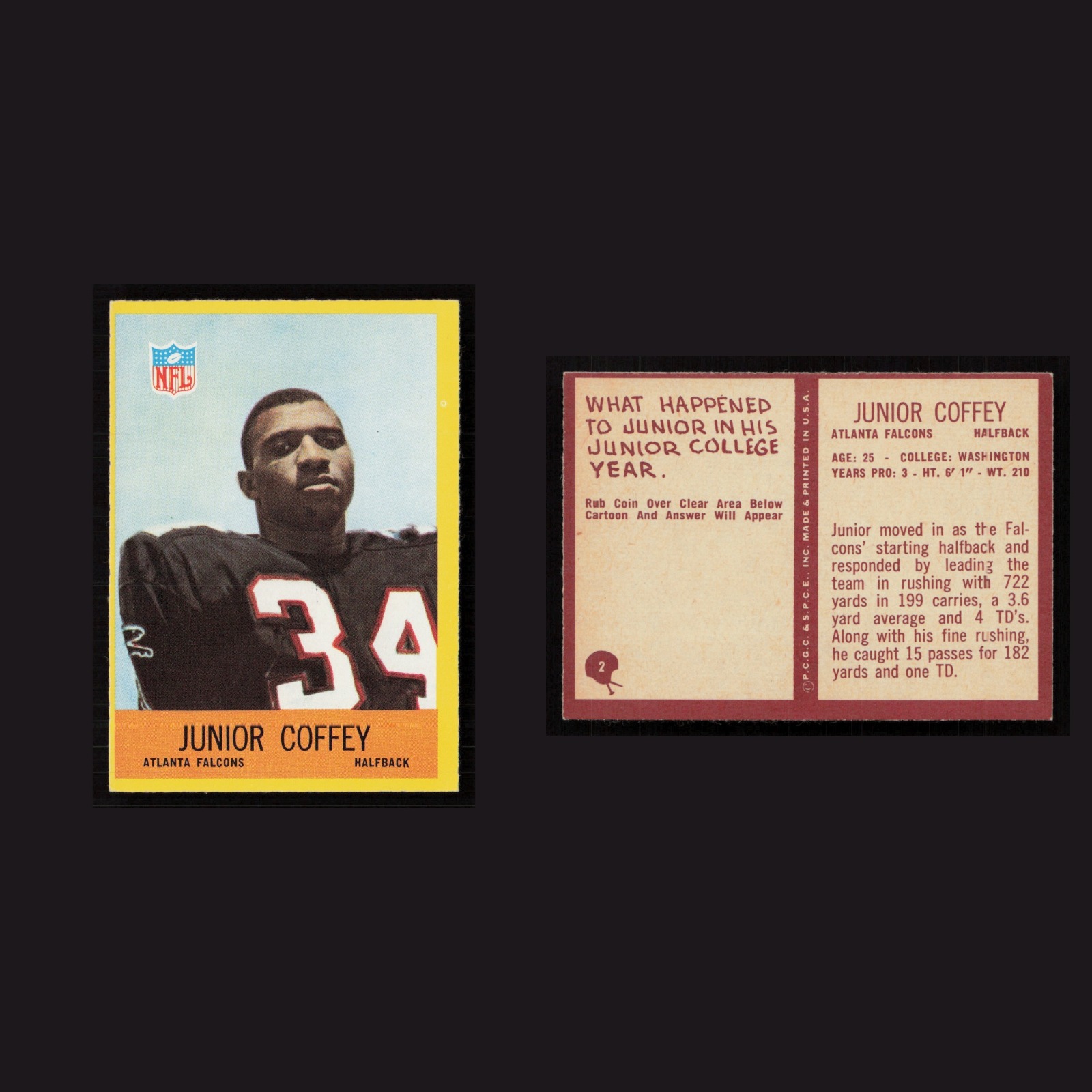 1967 Junior Coffey #2 NM Philadelphia Atlanta Falcons Vintage Football Card NFL front and back scans. Card condition is Near Mint.
