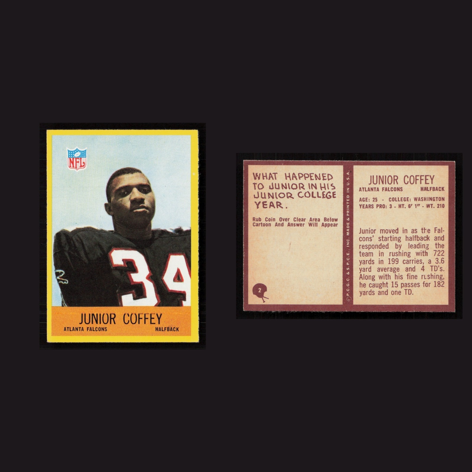 1967 Junior Coffey #2 NM-MT Philadelphia Atlanta Falcons Vintage Football Card front and back scans. Card condition is Near Mint.