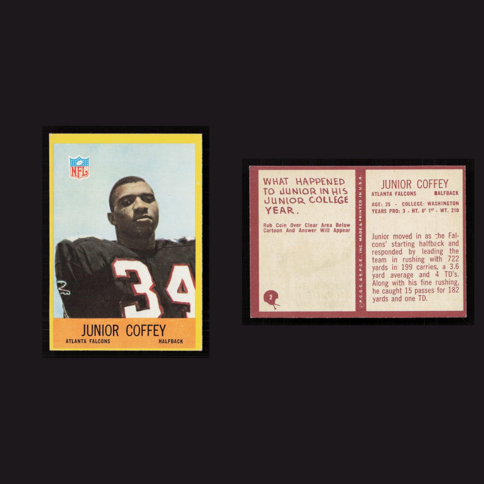 1967 Junior Coffey #2 NM-MT Philadelphia Atlanta Falcons Vintage Football Card front and back scans. Card condition is Near Mint.