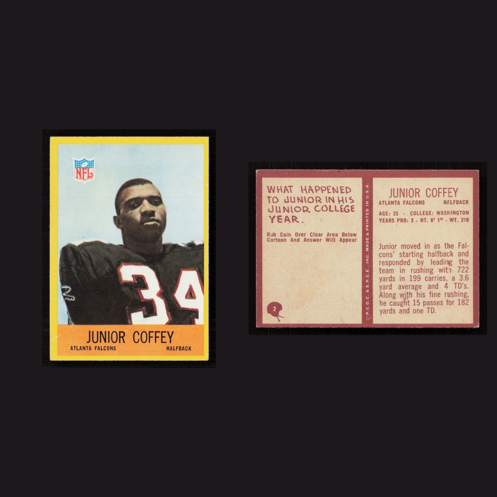 1967 Junior Coffey #2 NM Philadelphia Atlanta Falcons Vintage Football Card NFL front and back scans. Card condition is Near Mint.