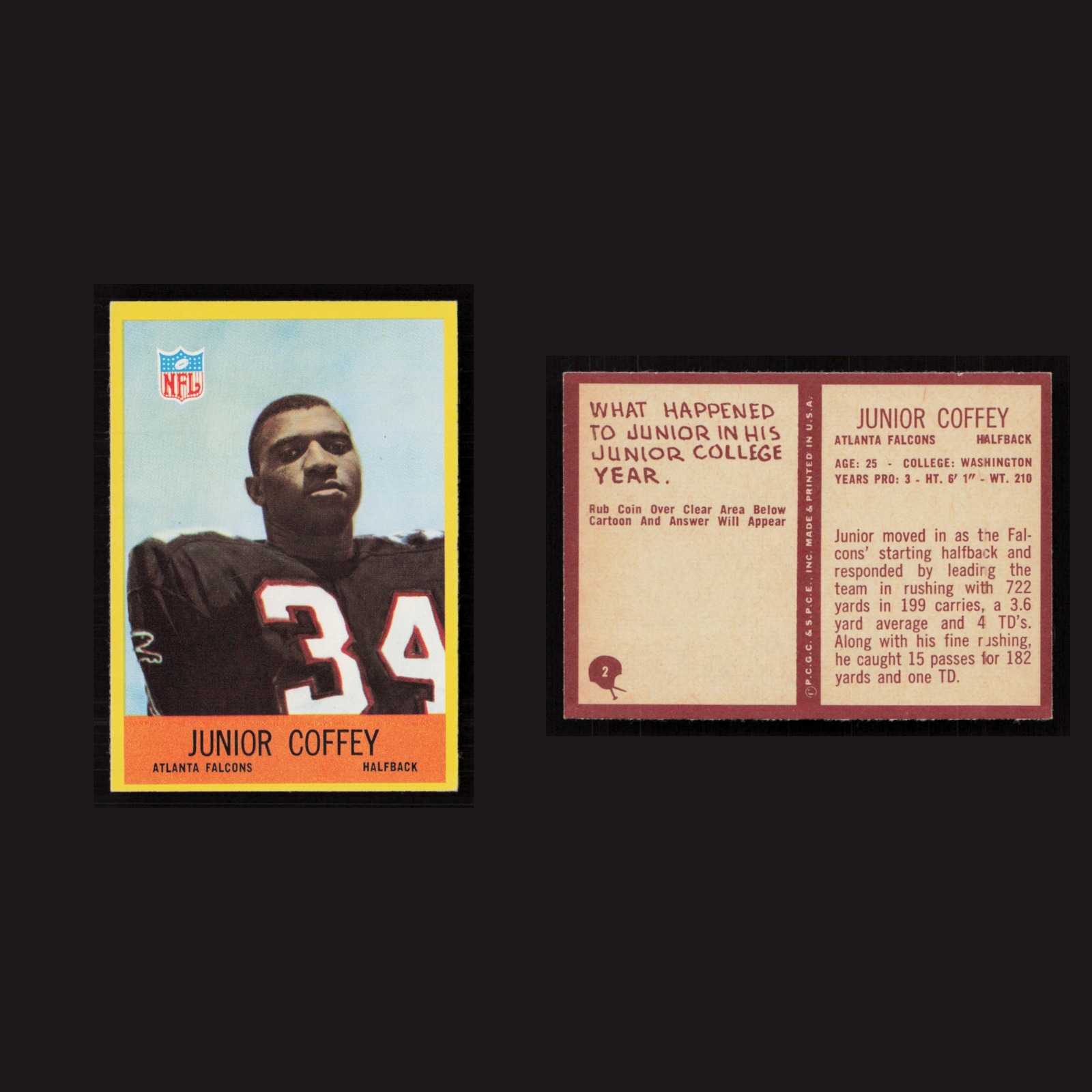 1967 Junior Coffey #2 NM-MT Philadelphia Atlanta Falcons Vintage Football Card front and back scans. Card condition is Near Mint.