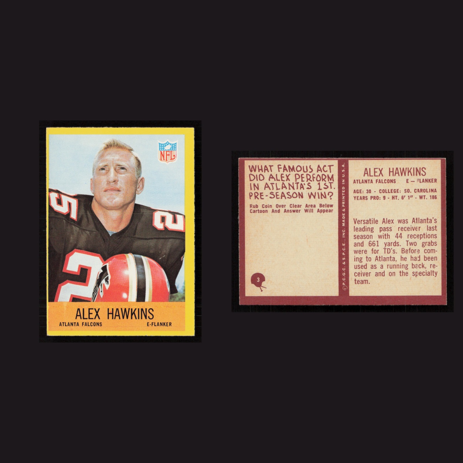 1967 Alex Hawkins #3 NM Philadelphia checklist Atlanta Falcons Vintage Football front and back scans. Card condition is Near Mint.