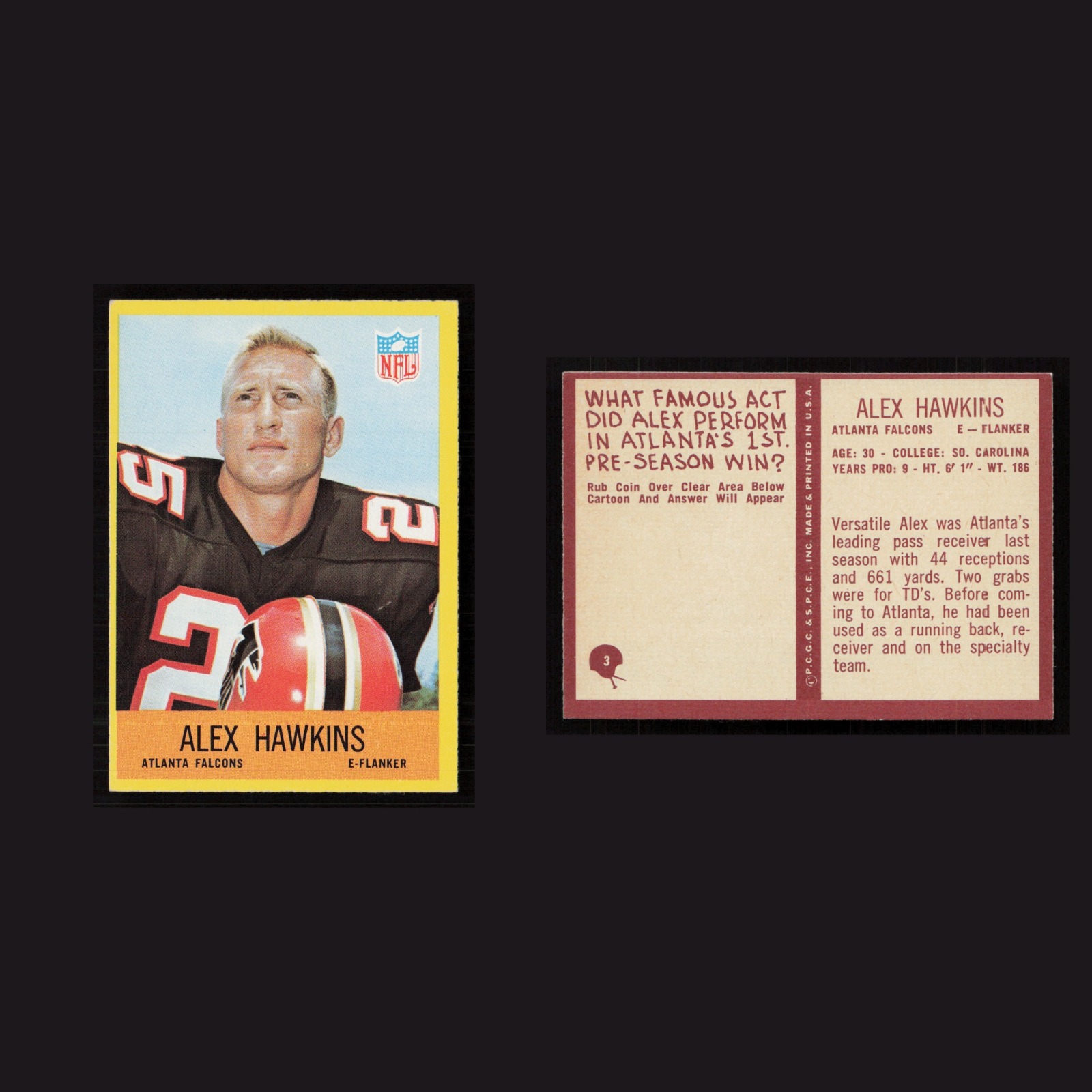1967 Alex Hawkins #3 NM-MT Philadelphia Atlanta Falcons Vintage Football Card front and back scans. Card condition is Near Mint.