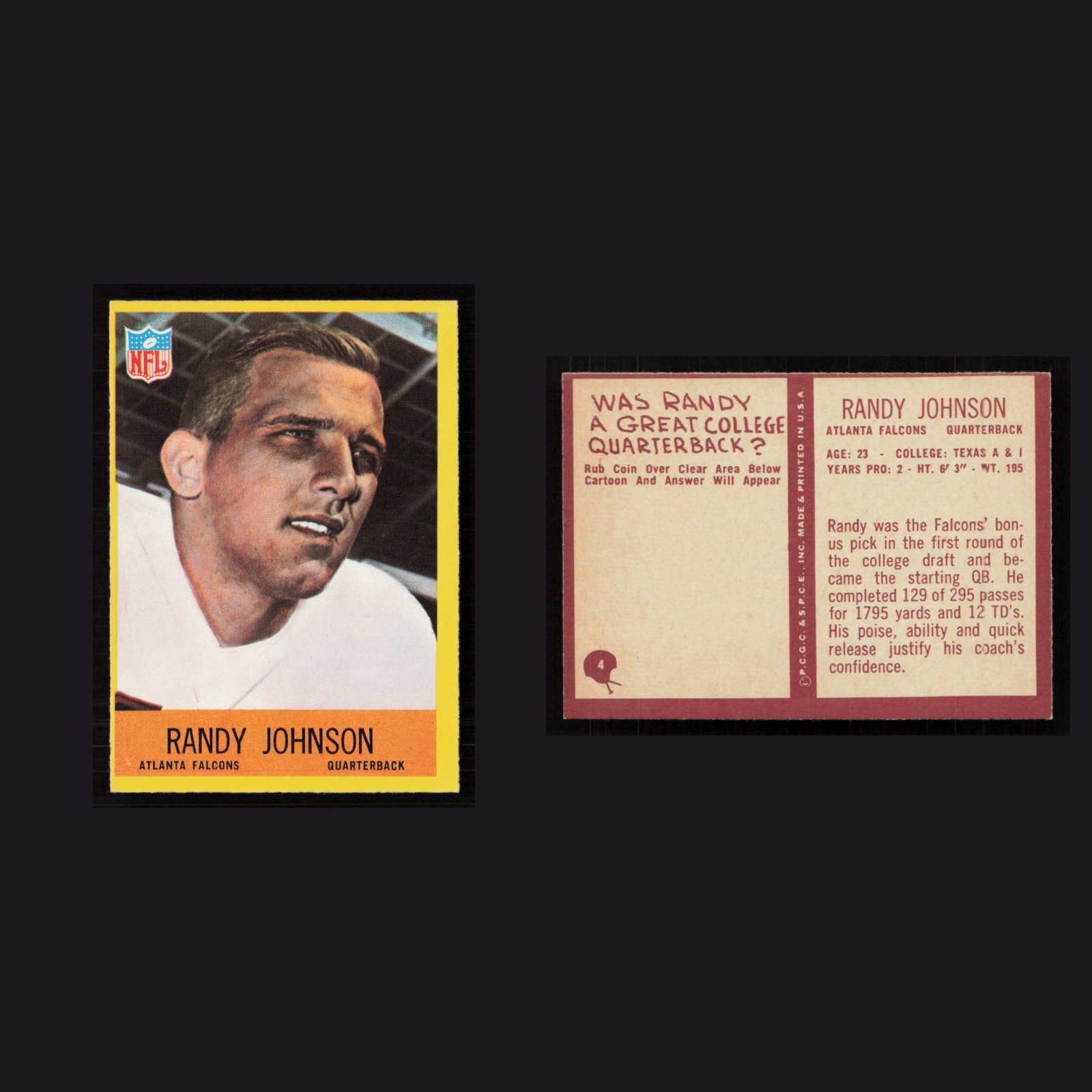 1967 Randy Johnson #4 NM Philadelphia Atlanta Falcons Vintage Football Card NFL front and back scans. Card condition is Near Mint.