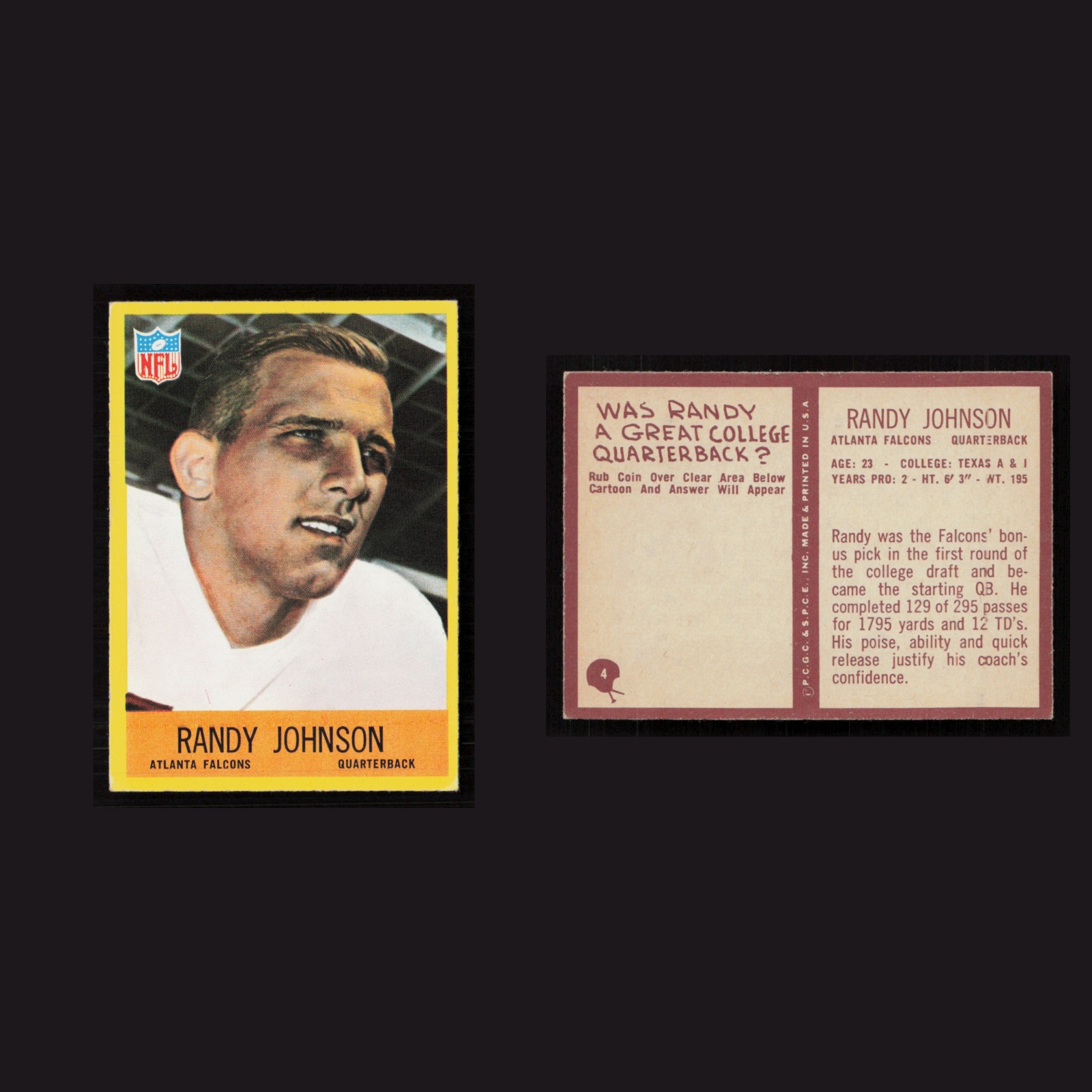 1967 Randy Johnson #4 NM Philadelphia Atlanta Falcons Vintage Football Card NFL front and back scans. Card condition is Near Mint.