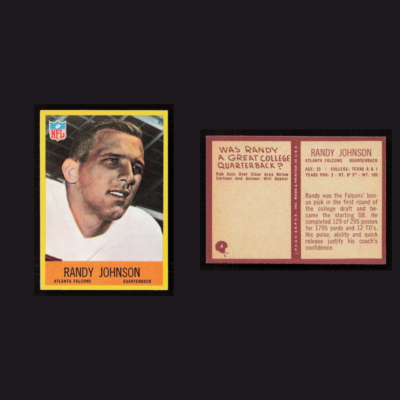 1967 Randy Johnson #4 NM-MT Philadelphia Atlanta Falcons Vintage Football Card front and back scans. Card condition is Near Mint.