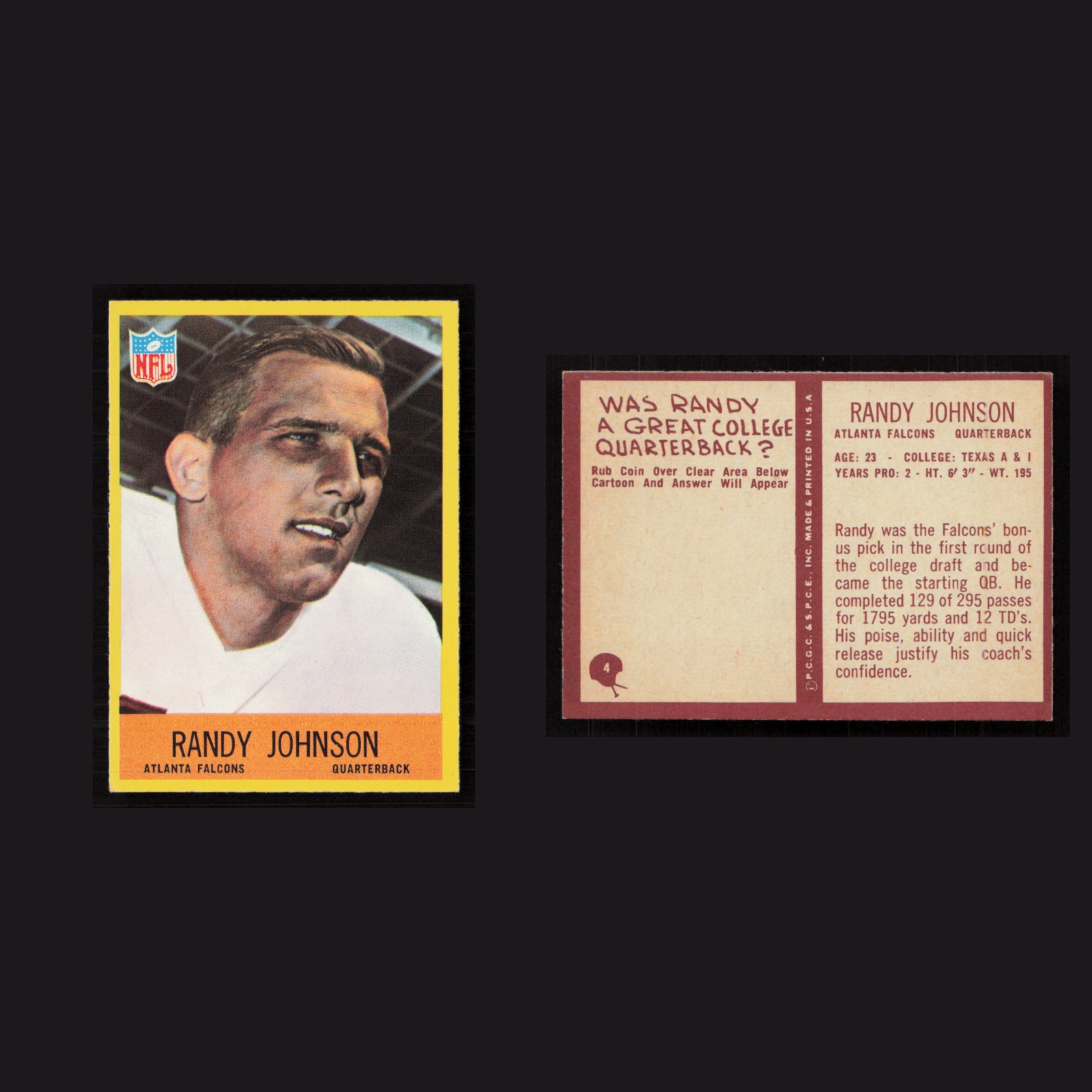 1967 Randy Johnson #4 MINT Philadelphia Atlanta Falcons Vintage Football Card front and back scans. Card condition is Near Mint.