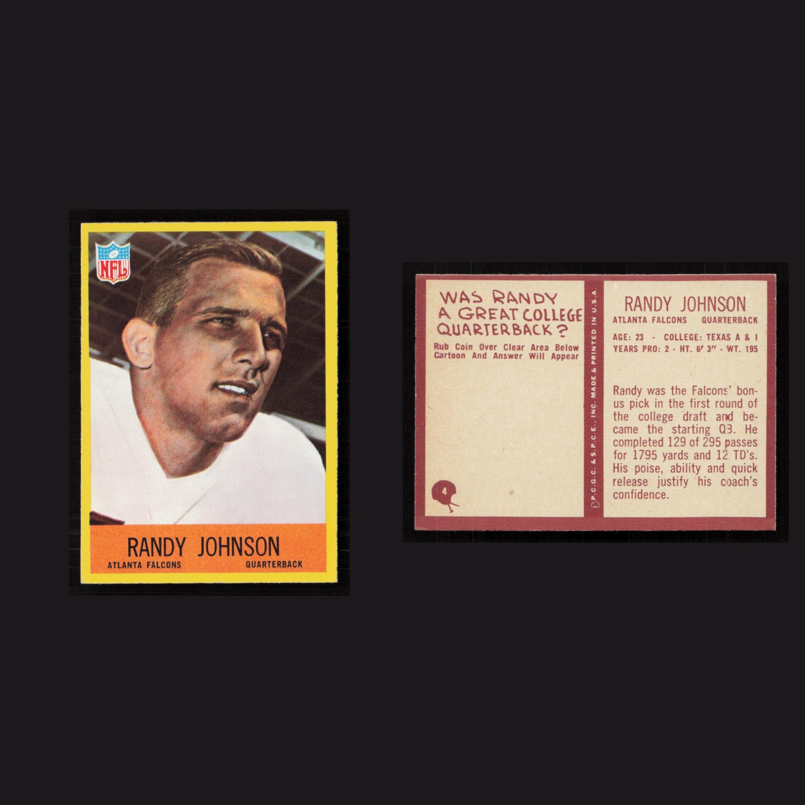 1967 Randy Johnson #4 NM-MT Philadelphia Atlanta Falcons Vintage Football Card front and back scans. Card condition is Near Mint.