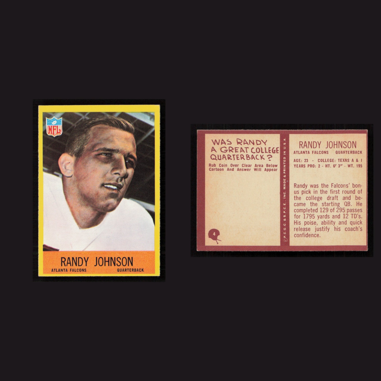 1967 Randy Johnson #4 NM-MT Philadelphia Atlanta Falcons Vintage Football Card front and back scans. Card condition is Near Mint.