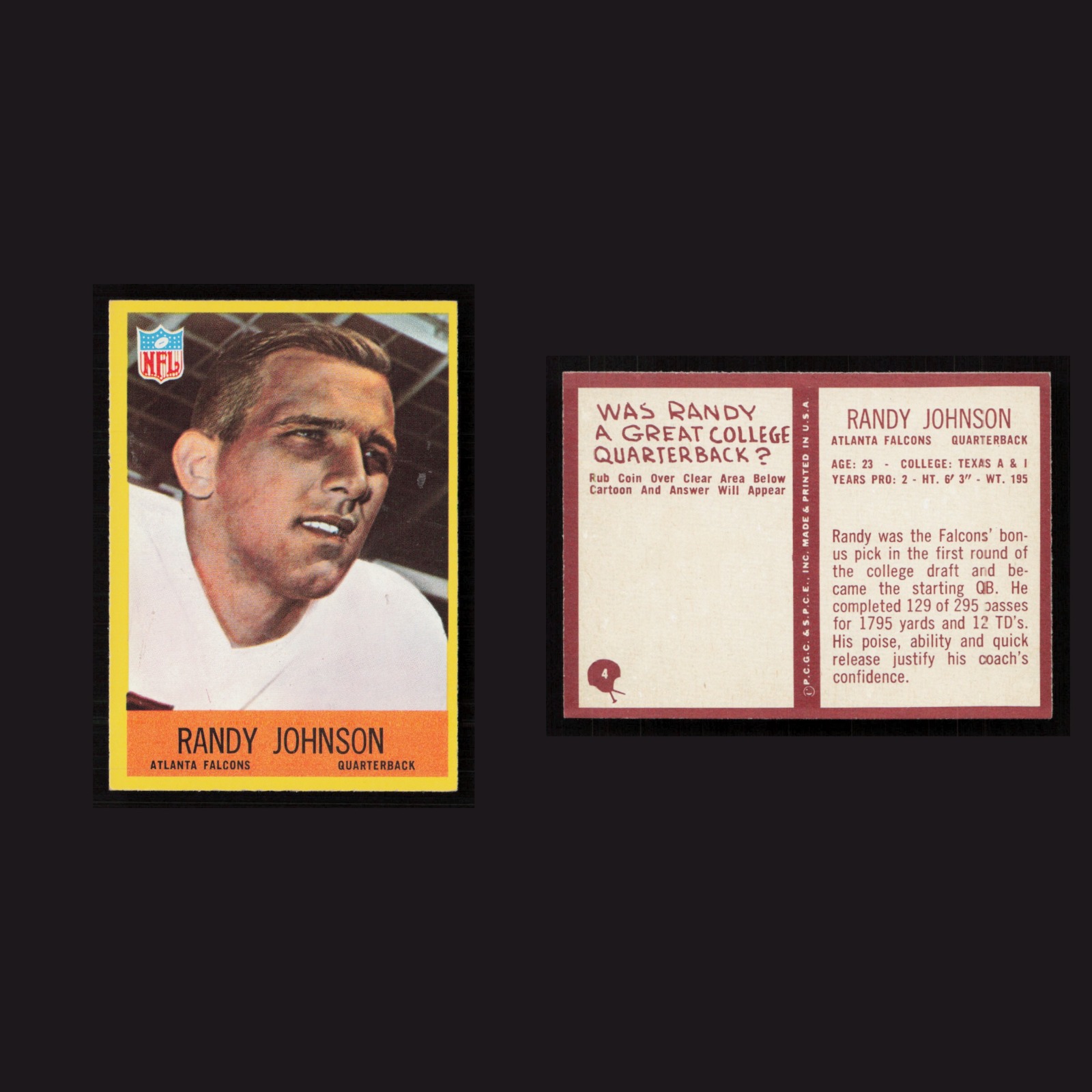 1967 Randy Johnson #4 NM-MT Philadelphia Atlanta Falcons Vintage Football Card front and back scans. Card condition is Near Mint.