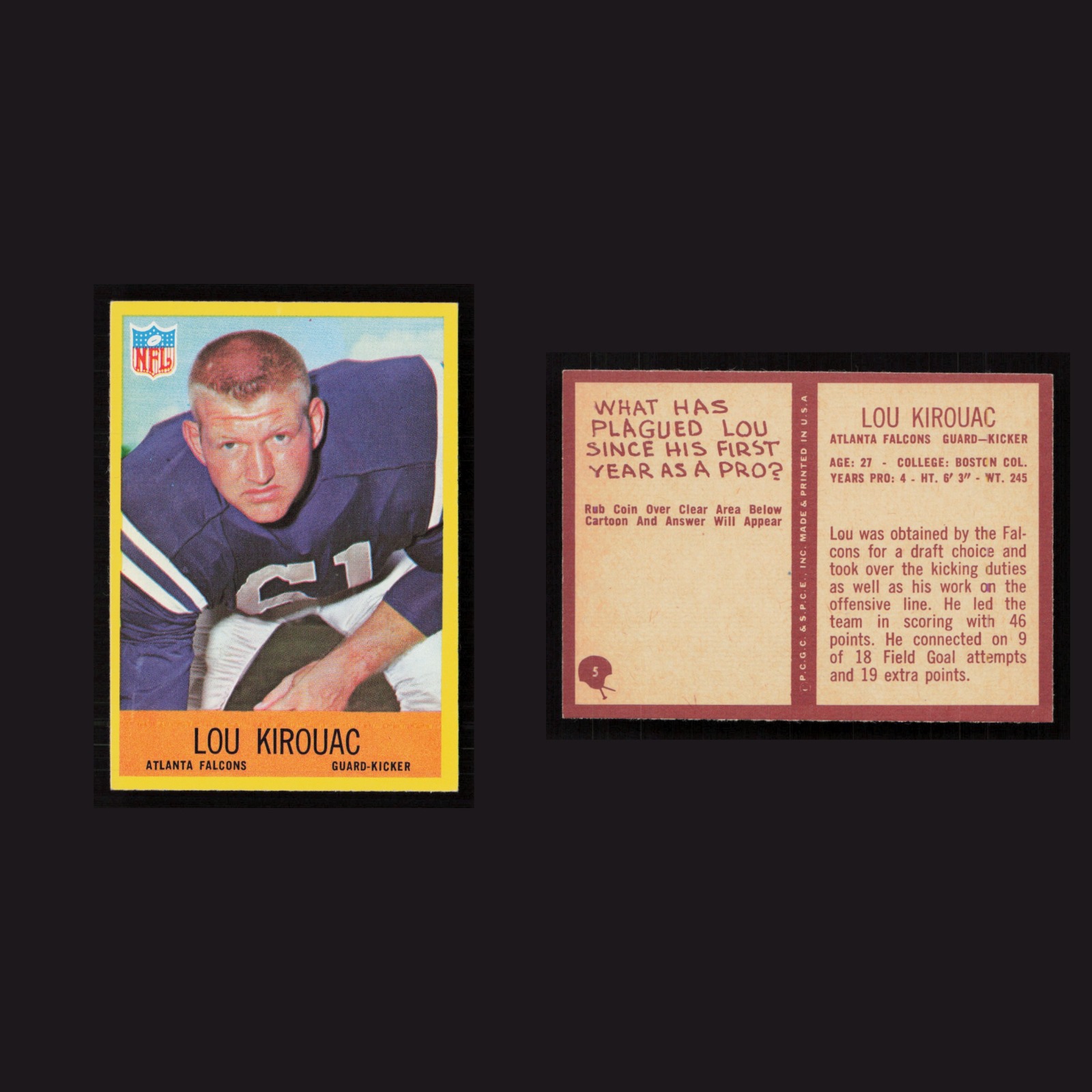 1967 Lou Kirouac #5 MINT Philadelphia Atlanta Falcons Vintage Football Card NFL front and back scans. Card condition is Near Mint.