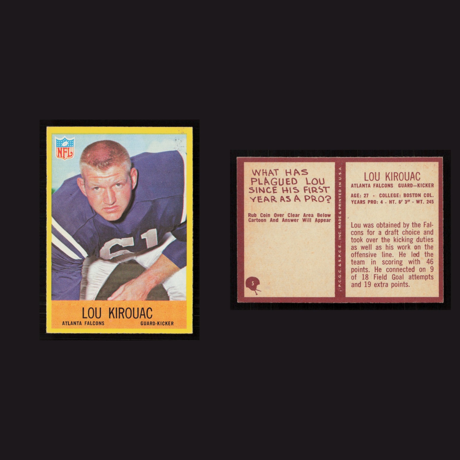 1967 Lou Kirouac #5 NM Philadelphia Atlanta Falcons Vintage Football Card NFL front and back scans. Card condition is Near Mint.