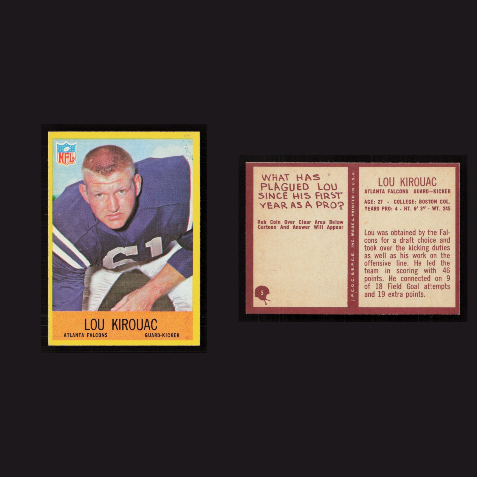 1967 Lou Kirouac #5 NM Philadelphia Atlanta Falcons Vintage Football Card NFL front and back scans. Card condition is Near Mint.