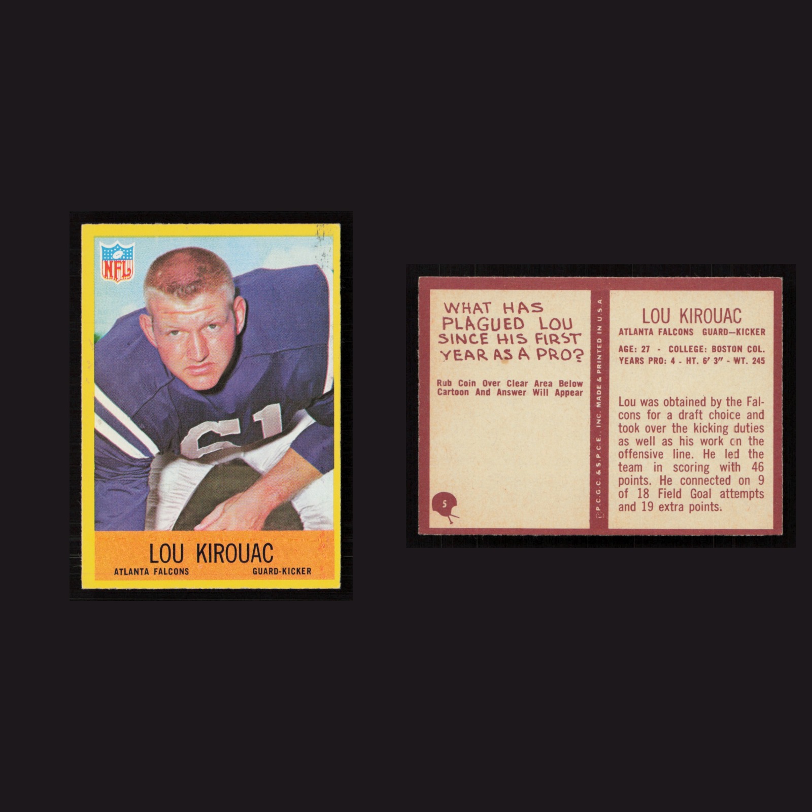 1967 Lou Kirouac #5 NM Philadelphia Atlanta Falcons Vintage Football Card NFL front and back scans. Card condition is Near Mint.