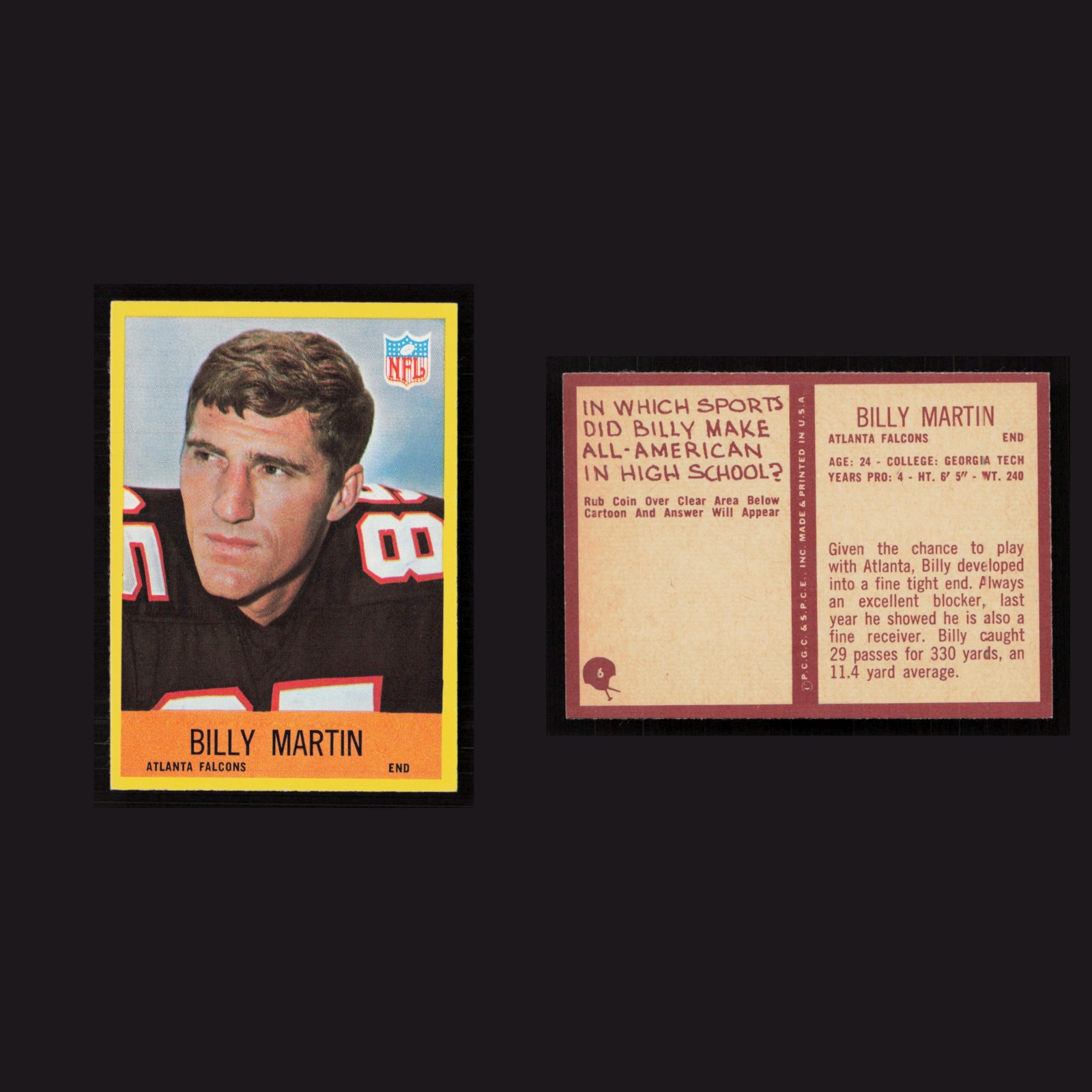 1967 Billy Martin #6 MINT Philadelphia Atlanta Falcons Vintage Football Card NFL front and back scans. Card condition is Near Mint.