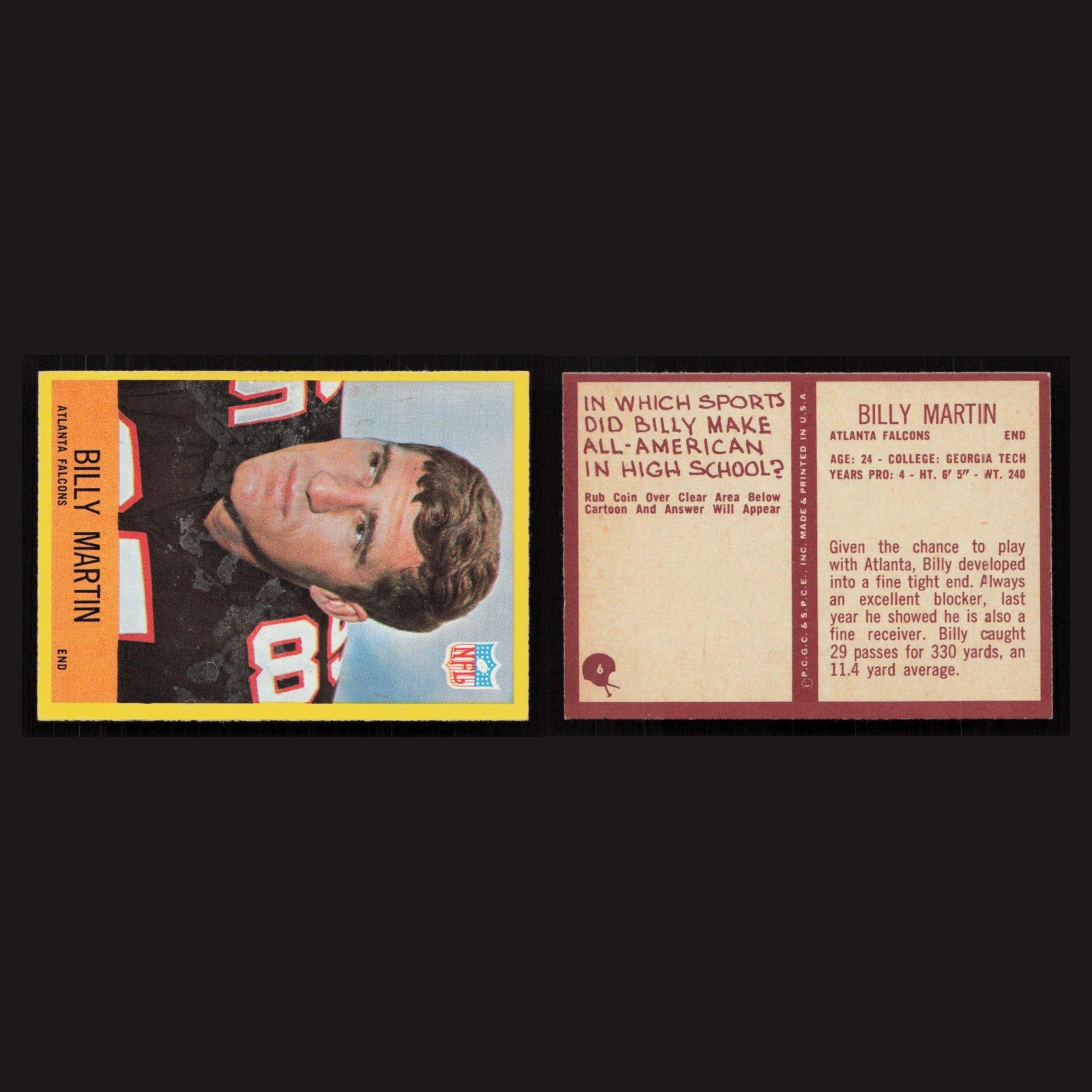 1967 Billy Martin #6 NM Philadelphia Atlanta Falcons Vintage Football Card NFL front and back scans. Card condition is Near Mint.