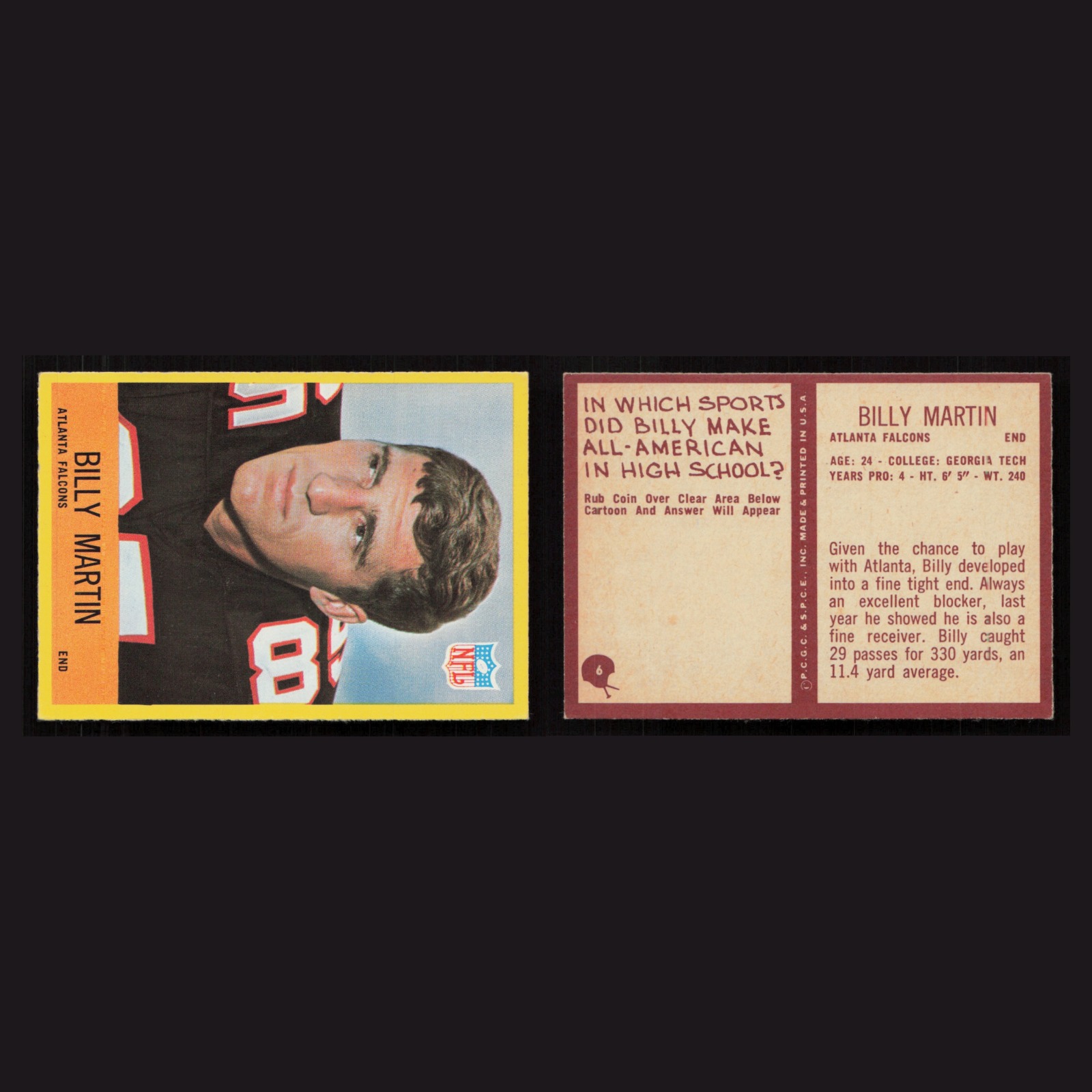 1967 Billy Martin #6 NM-MT Philadelphia Atlanta Falcons Vintage Football Card front and back scans. Card condition is Near Mint.