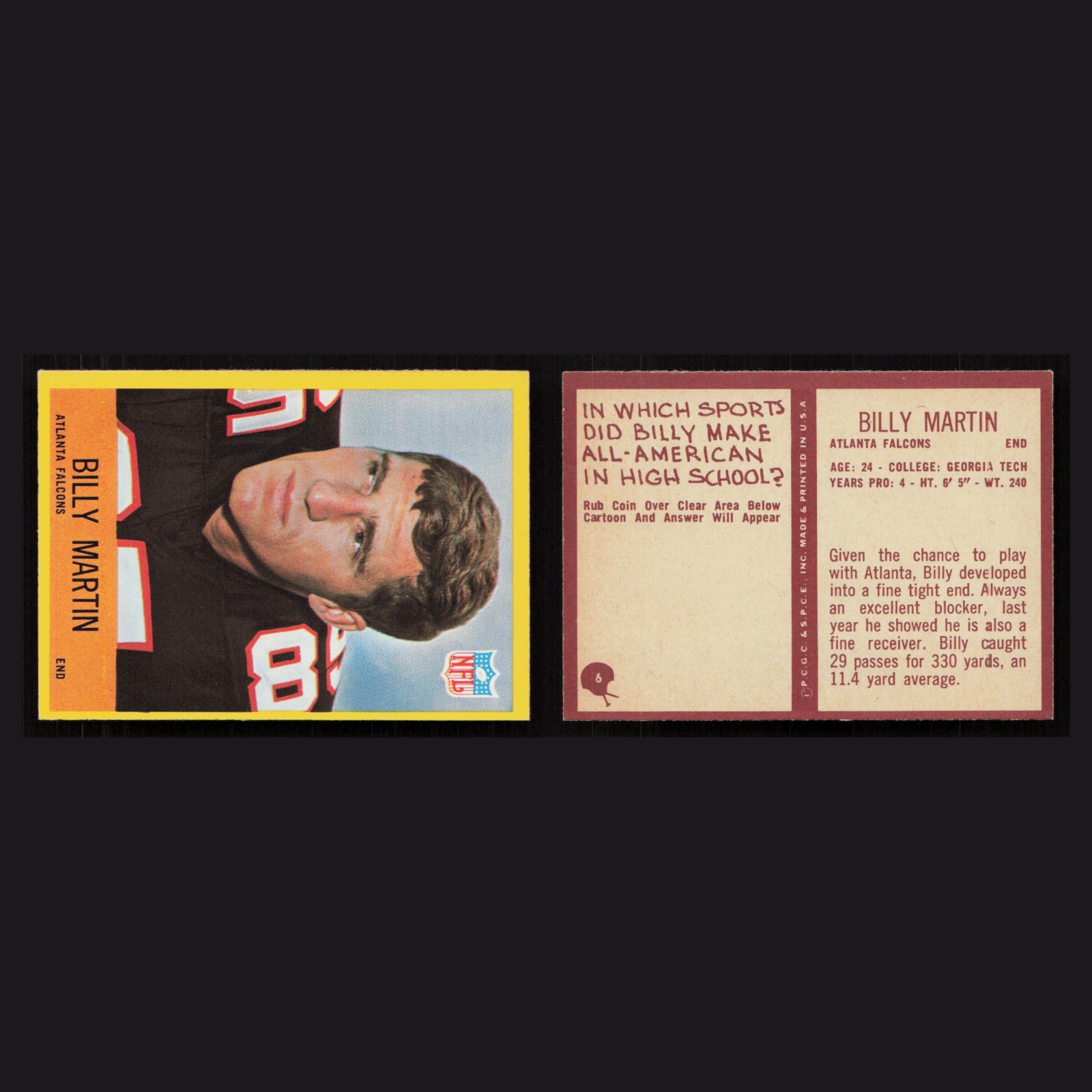 1967 Billy Martin #6 NM Philadelphia Atlanta Falcons Vintage Football Card NFL front and back scans. Card condition is Near Mint.