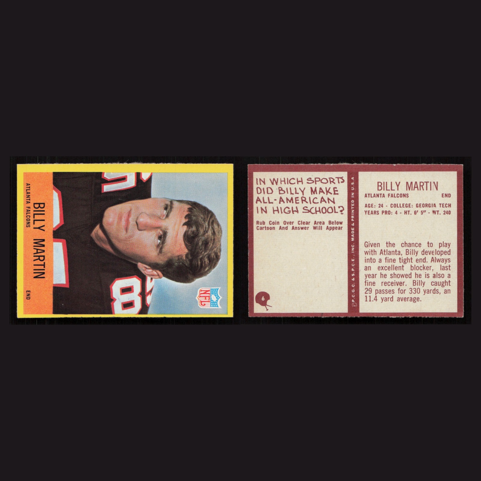 1967 Billy Martin #6 NM Philadelphia Atlanta Falcons Vintage Football Card NFL front and back scans. Card condition is Near Mint.